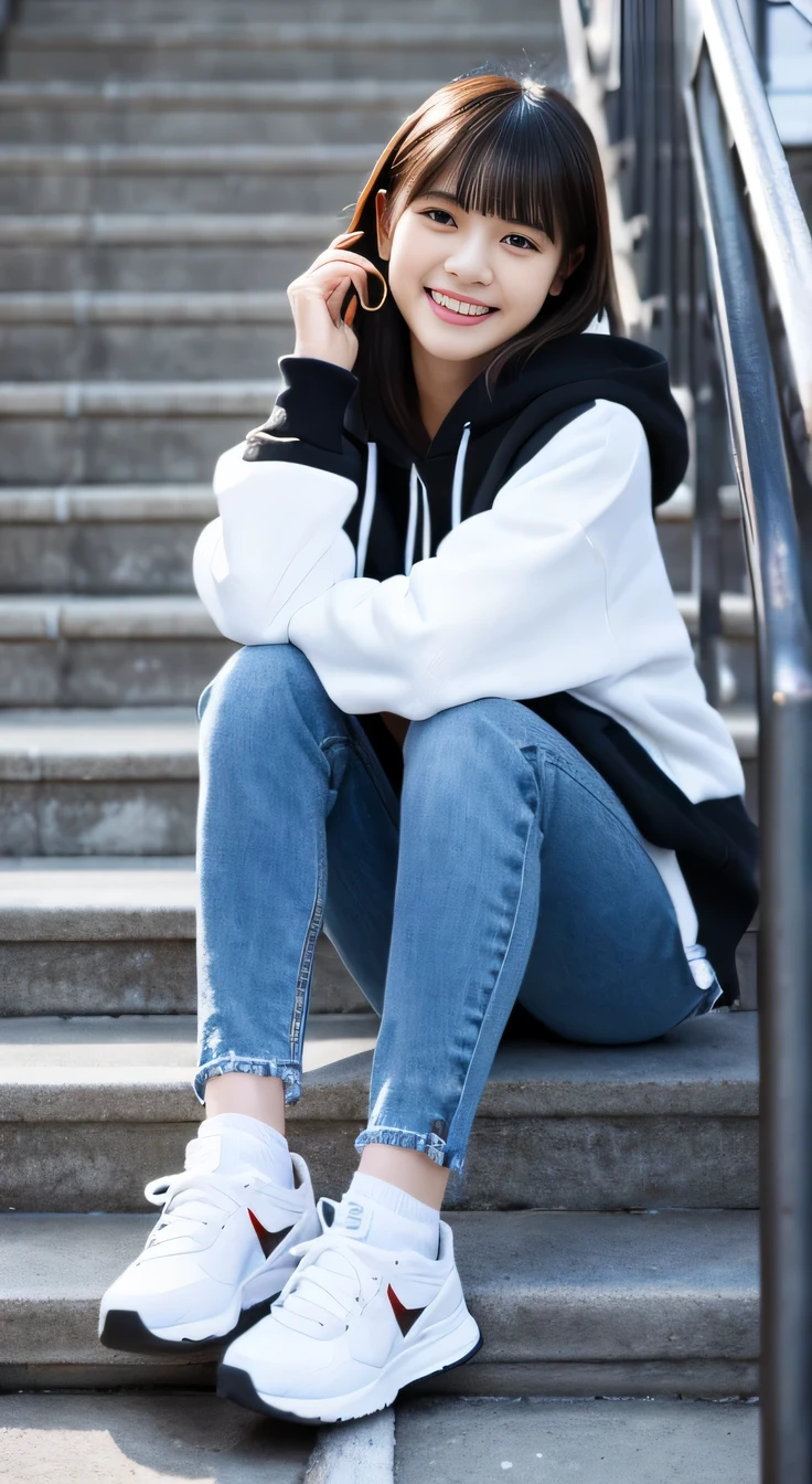 highest quality, Realistic, Very detailed, Finer details, High resolution, 8k wallpaper, One beautiful woman,Sit on the stairs、smile、、(Black socks) Oversized hoodie, Skinny jeans,( Black sneakers)、Black Hair、 Beautiful Bangs、ear piercing、Perfect dynamic composition, Beautiful and detailed, Full Body Shot, A big smile waiting to start