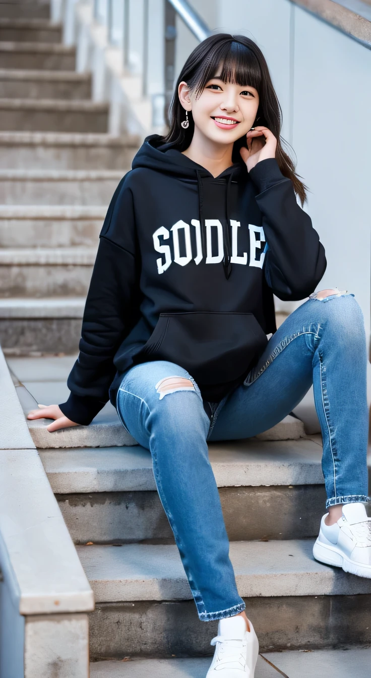highest quality, Realistic, Very detailed, Finer details, High resolution, 8k wallpaper, One beautiful woman,Sit on the stairs、smile、、(Black socks) Oversized hoodie, Skinny jeans,( Black sneakers)、Black Hair、 Beautiful Bangs、ear piercing、Perfect dynamic composition, Beautiful and detailed, Full Body Shot, A big smile waiting to start