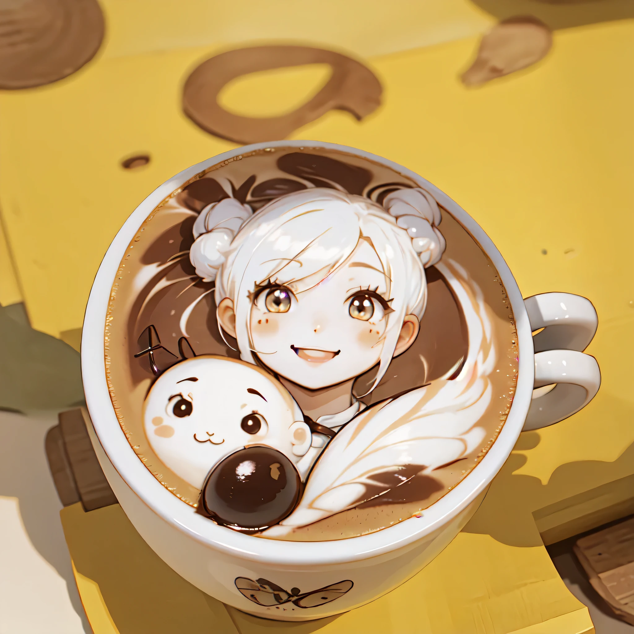 (((Very detailed))), high quality, masterpiece, beautiful, coffee, Latte, (((LatteArt))), (((Food art))),One girl, human, (Hair Ribbon:0.4),(((White bun hair))),Long Hair,Hair between the eyes,smile