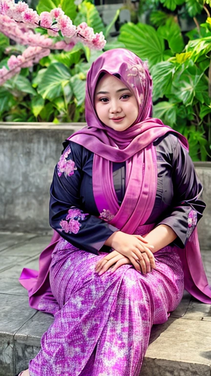 an Indonesian goddess in a fuchsia colour hijab and a black gamis with abstract printed of pink and purple flowers, chubby, cherry blossom, detailed detail, ultra sharp image,
