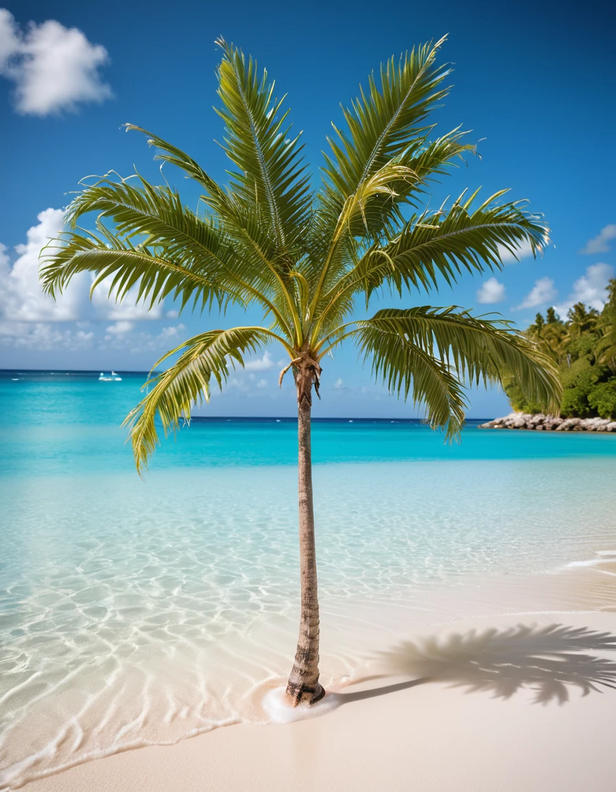 arafed palm tree on the beach with turquoise water, crystal clear blue water, carribean turquoise water, turquoise water, clear blue water, crystal clear sea, breath-taking beautiful beach, turquoise ocean, crystal clear water, azure blue water, beautiful beach, carribean white sand, palm leaves on the beach, beautiful place, blue waters, tropical beach paradise