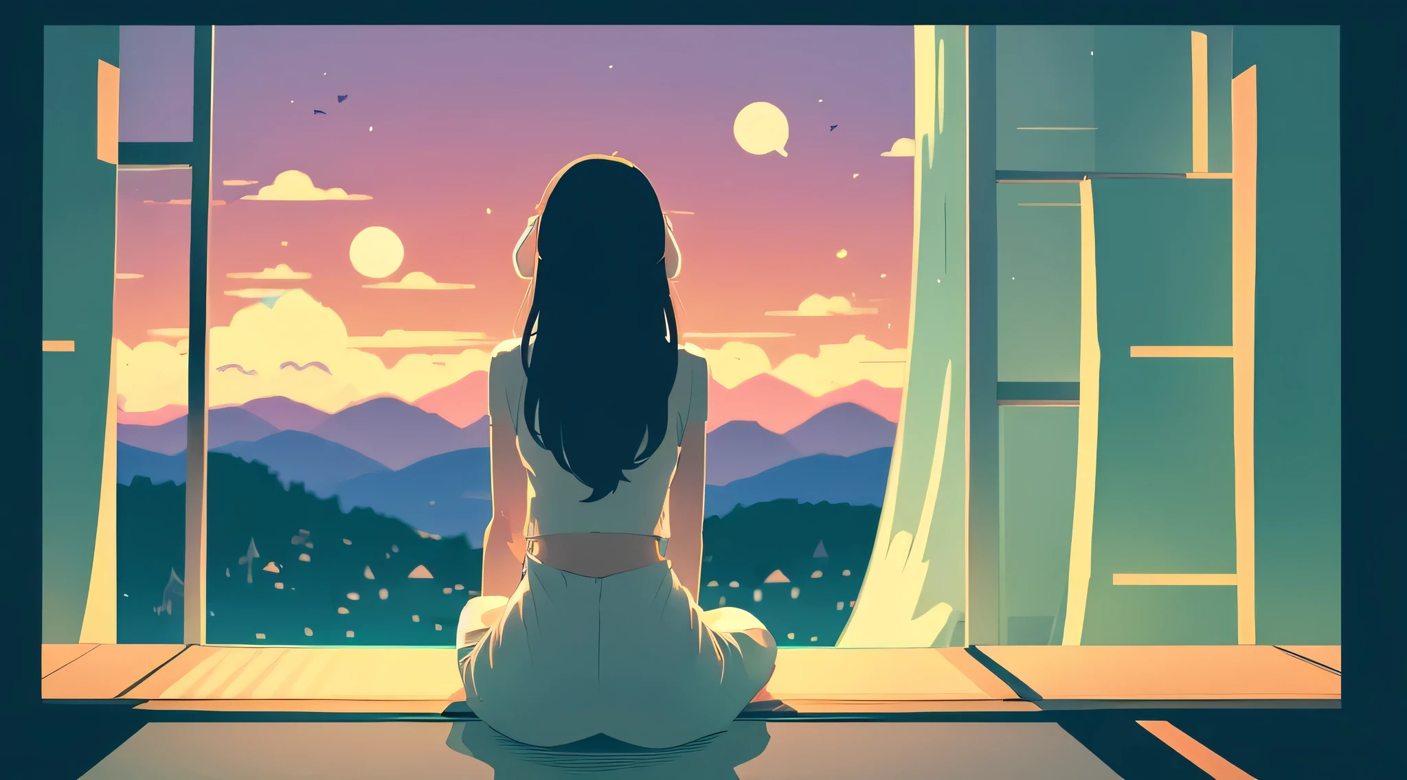 Beautiful woman meditating from behind、Anime character style、In the style of illustrations