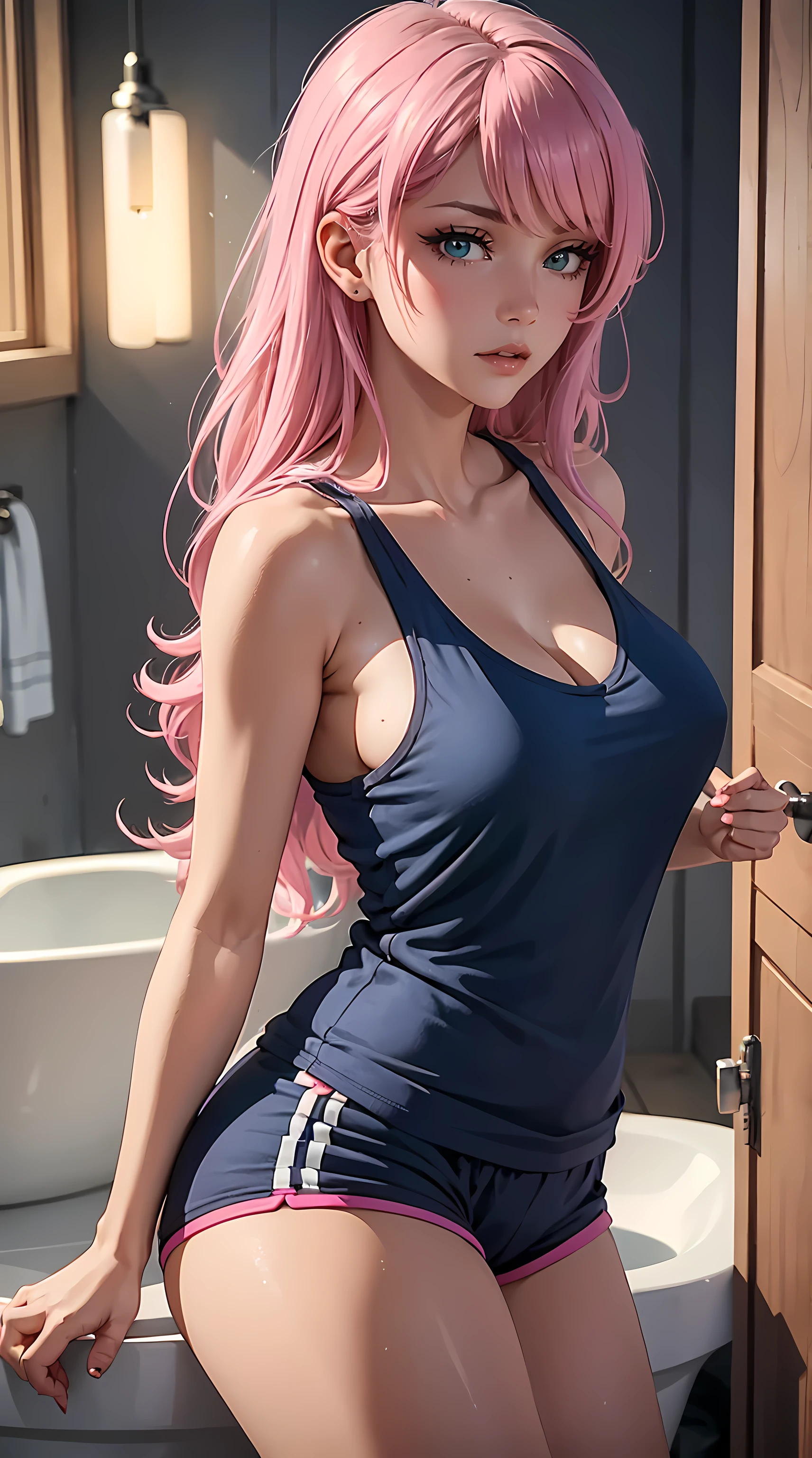 Beautiful pink hair woman is shown to have a sexy figure, she is wearing a oversized loose tank top and sexy track shorts, sexy look, blue eyes, girl in bathroom, sexy session, sexy pose, cowboy shot, superior quality, many details, realistic