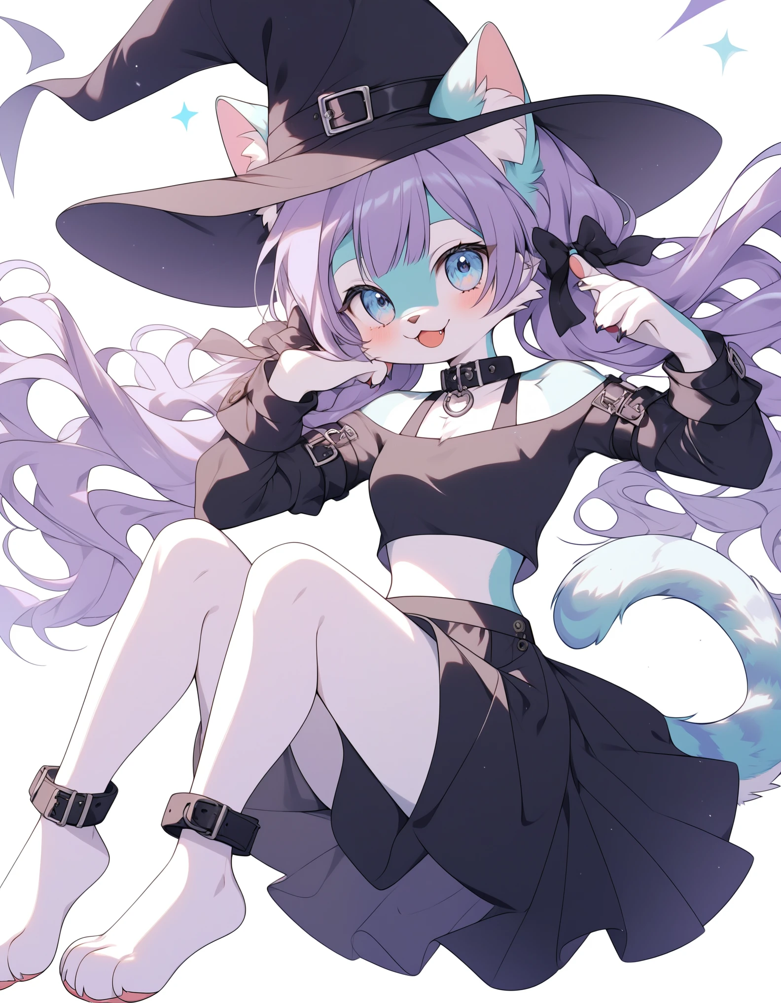 score_9, score_8_up, score_7_up, source_furry, rating_safe,  Gehalt, anthro, Allein, weiblich, tall slim body, wears a purple wizard hat, spiky purple cat ears with white tips, lila Augen, purple crop top with collar and long sleeves, black flowing skirt, bare legs, turquoise furry body, white feet paws, schwarze Katzennase, cute cat snout, turquoise hair, Stehen, Grastal, detailed background, hoher Kragen, Jitome, ausdruckslos, von fumiko, von hyattlen, by hioshiru, detailed, High resolution