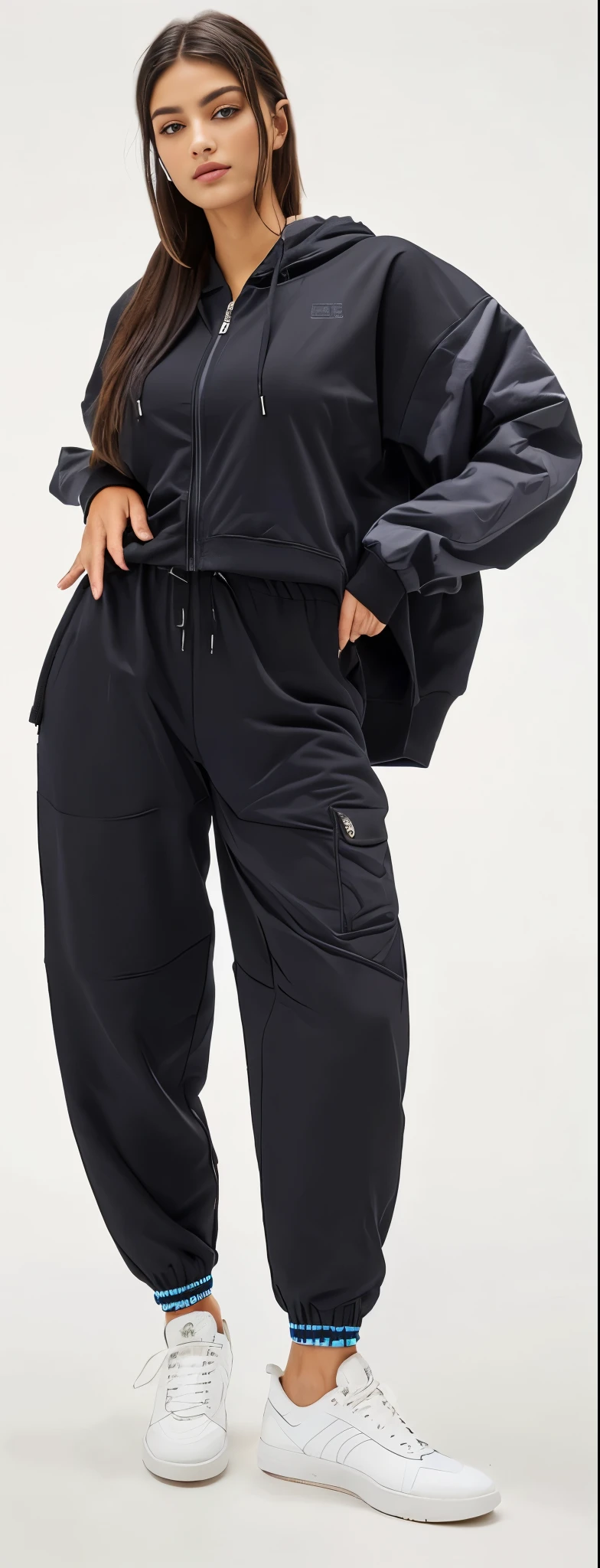 a woman in a black jacket and pants posing for a picture, high waist sweatpants, large pants, black sweatpants, baggy pants, pantss pretas, black pants, baggy black pants, wearing a hoodie and sweatpants, fotografia de uma mulher techwear, pants, vestindo um agasalho, sport pants, com dois bolsos frontais, vestindo um agasalho