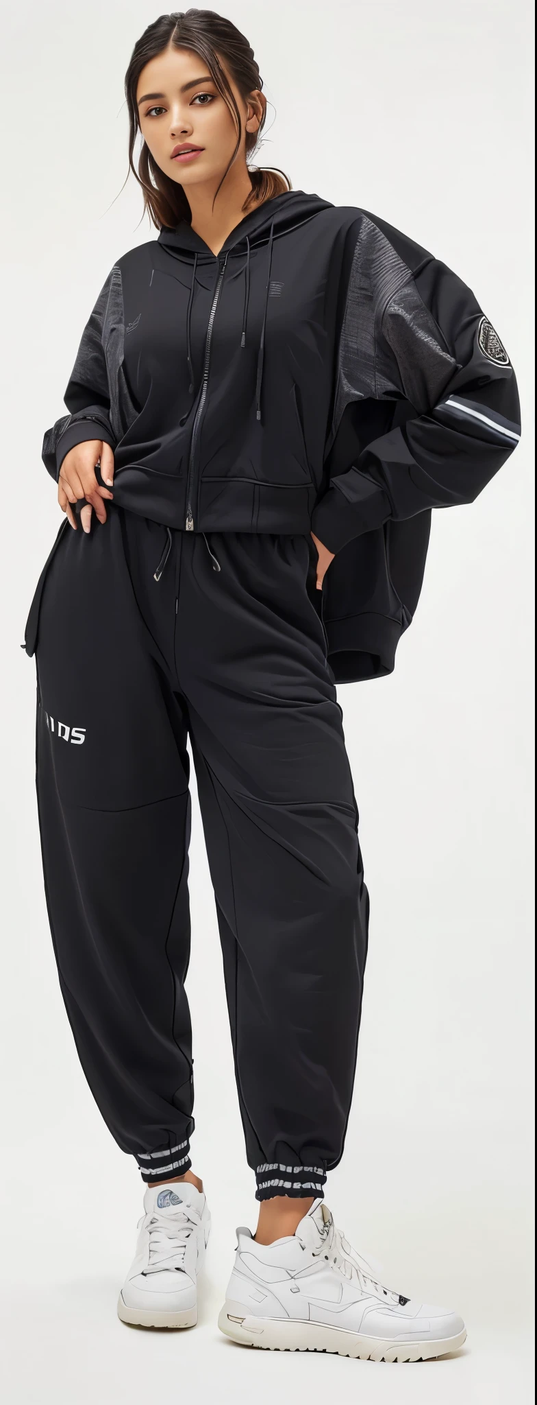 a woman in a black jacket and pants posing for a picture, high waist sweatpants, large pants, black sweatpants, baggy pants, pantss pretas, black pants, baggy black pants, wearing a hoodie and sweatpants, fotografia de uma mulher techwear, pants, vestindo um agasalho, sport pants, com dois bolsos frontais, vestindo um agasalho