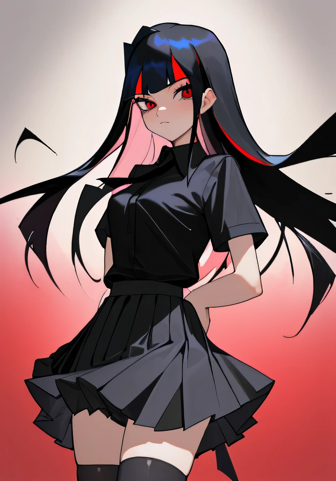 1girl, black hair, black shirt, pleated skirt, skirt, cowboy shot, stocking, black stockings