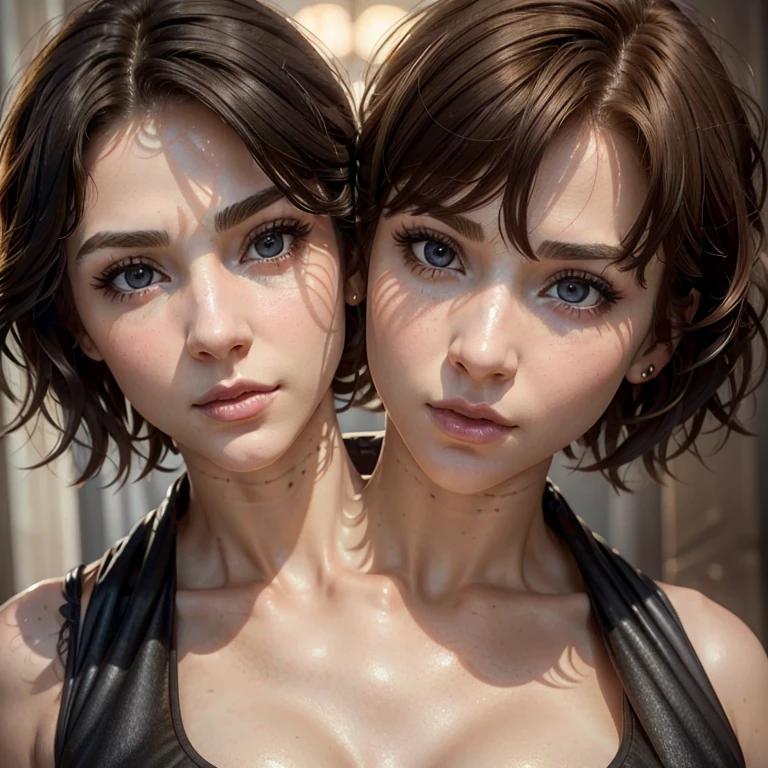 s0ph, solo,a woman with ((two heads:1.5)), ((conjoined_dicephalus)), cleavage, large breasts, (cheeks rubbing together:1.3), close-up, (looking at viewer), close-up,medium length wavy hair,red hair,bokeh,(masterpiece:1.2),beach, sunset, volumetric lighting,8k,highly detailed skin,pores,cinematic, ((huge blue eyes)), petit, (kissing:1.45), (eyes closing:1.3), cute, ((looking down)), (hand on breast)