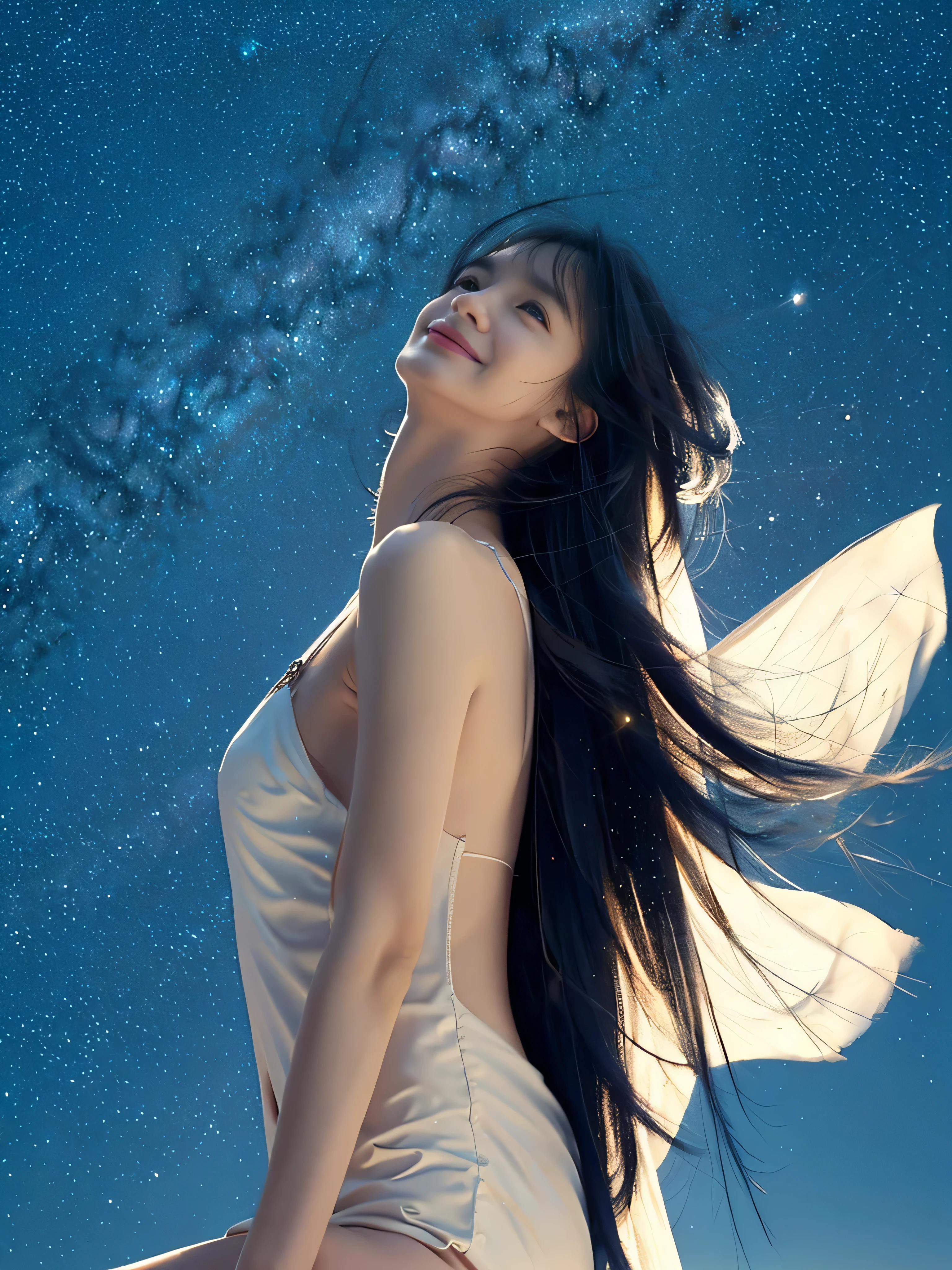 (A girl with slim body, small breasts and long hair in a white dress with dull bangs 1.5)、(A girl looking up at the sky with a small smile:1.3)、(Low angle shot:1.5)、(Beautiful starry sky:1.5)、(Perfect Anatomy:1.3)、(No mask:1.3)、(Full Finger:1.3)、Photorealistic、Raw photo、Mastepiece、highest quality、High resolution、Delicate and beautiful、The face is perfect、Beautiful detailed eyes、Fair skin、Real human skin、pores、((Thin legs))、(Black Hair)