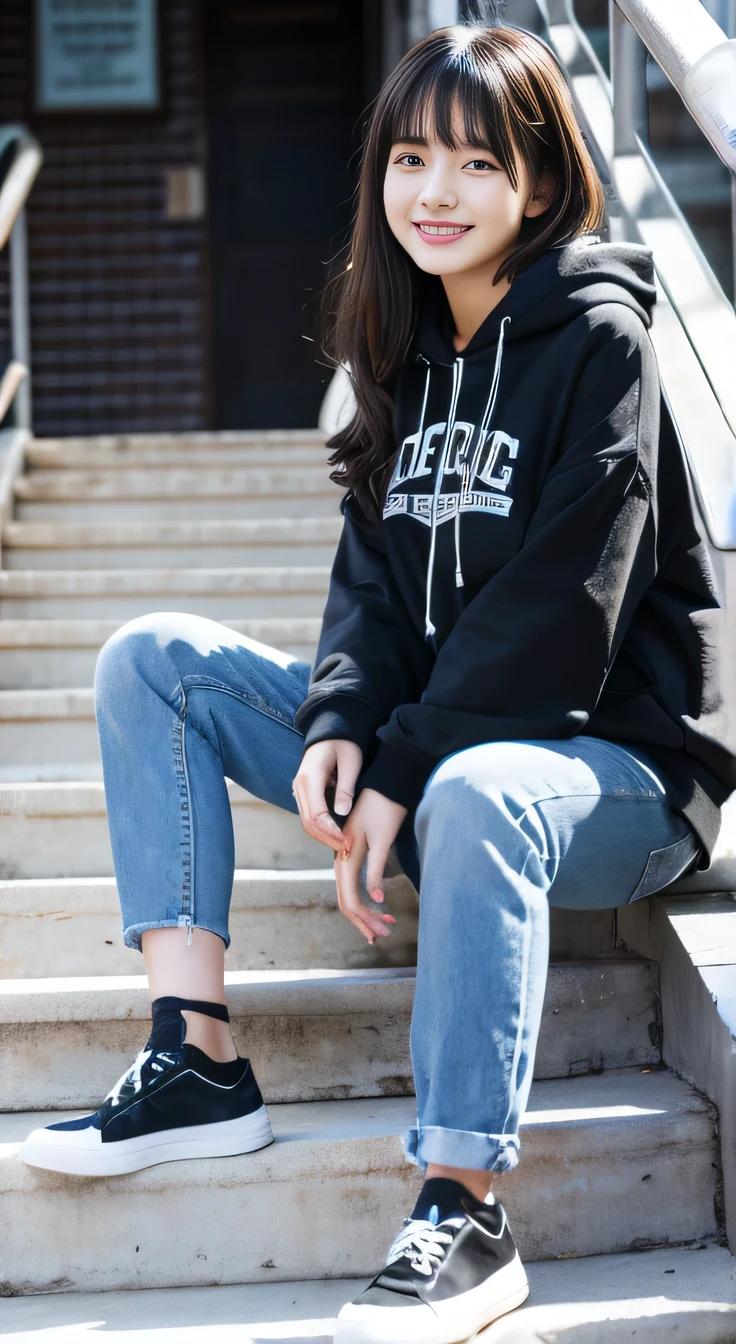 highest quality, Realistic, Very detailed, Finer details, High resolution, 8k wallpaper, One beautiful woman,Sit on the stairs、smile、、(Black socks) Oversized hoodie, Skinny jeans,( Black sneakers)、Black Hair、 Beautiful Bangs、ear piercing、Perfect dynamic composition, Beautiful and detailed, Full Body Shot, A big smile waiting to start