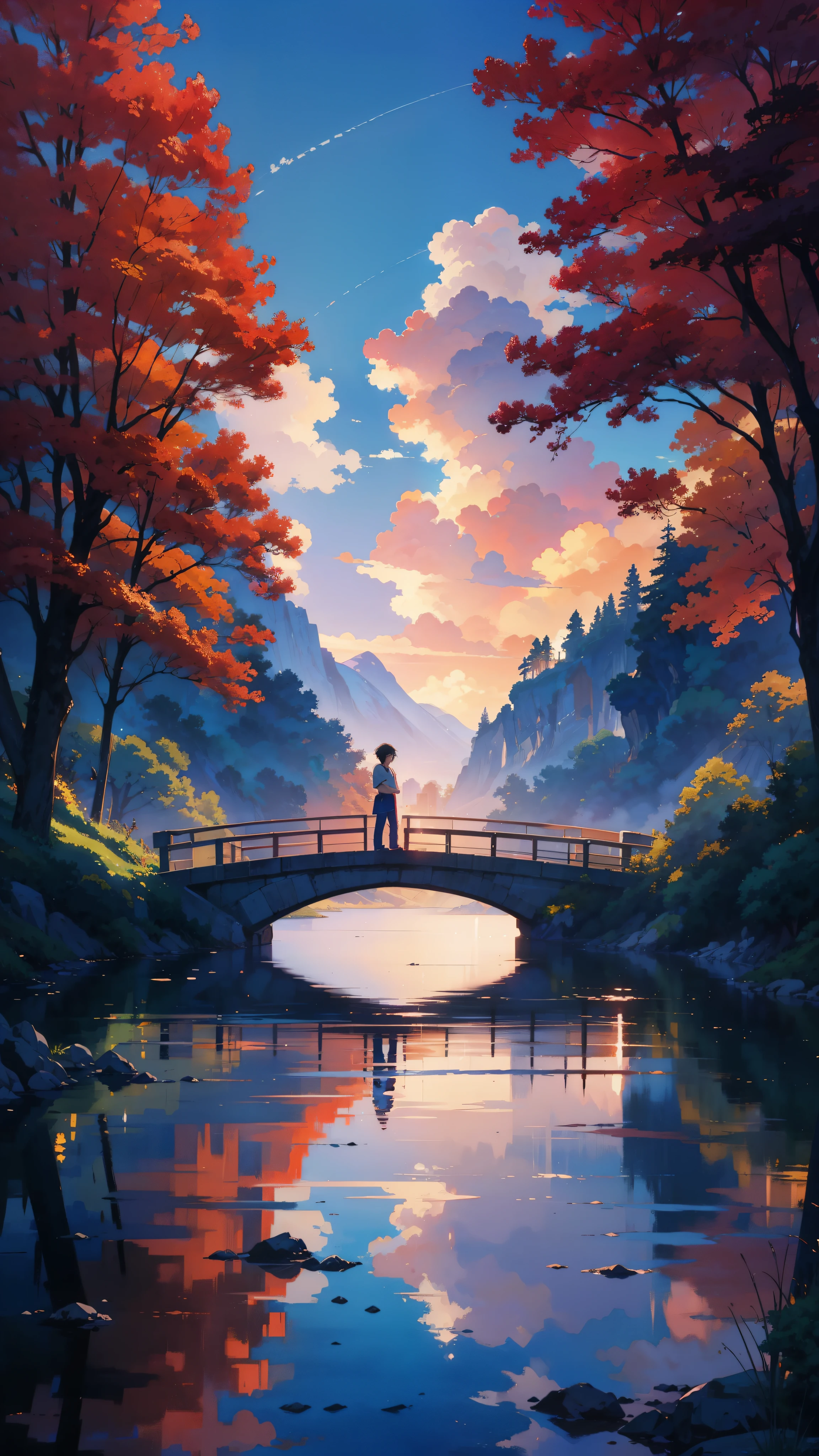 a painting of a bridge over a body of water, extraordinary sky, ross tran. scenic background, by sylvain sarrailh, anime nature wallpap, anime scenery, anime landscape, anime landscape wallpaper, anime beautiful peace scene, anime nature, scenery art detailed, anime scenery concept art, scenery artwork, dream scenery art, beautiful anime scenery, ross tran and makoto shinkai