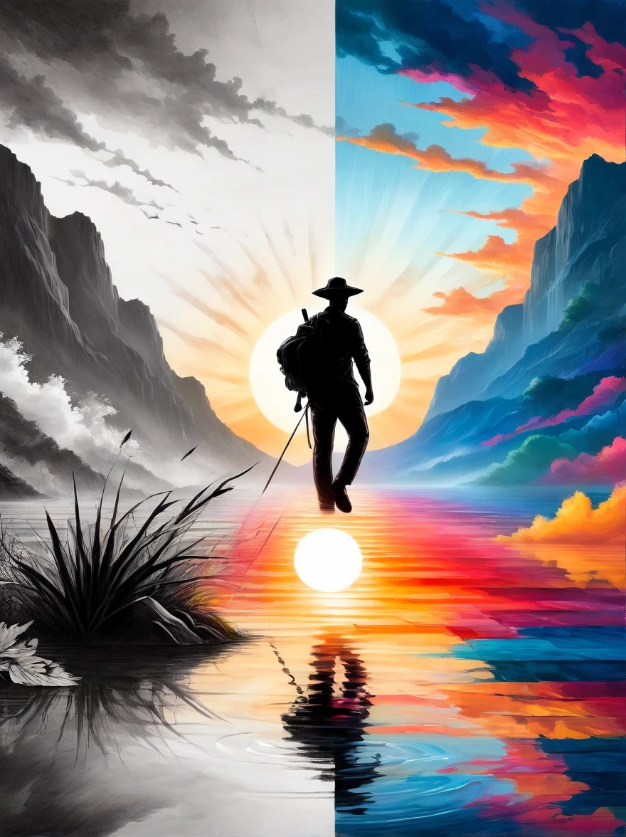 Against the backdrop of sunrise or sunset，Silhouette of a man concentrating on work，Symbolizes dedication and pursuit of excellence without being obsessed with results，((The artwork should transition from a black and white pencil sketch style on the left half to bright colors on the right half, Ensure seamless integration of the two halves，No dividing line, Detailed black and white pencil strokes on the left，The right side is filled with color, Create a fusion)), Excellent quality, Detailed background, The Art of Mathematics