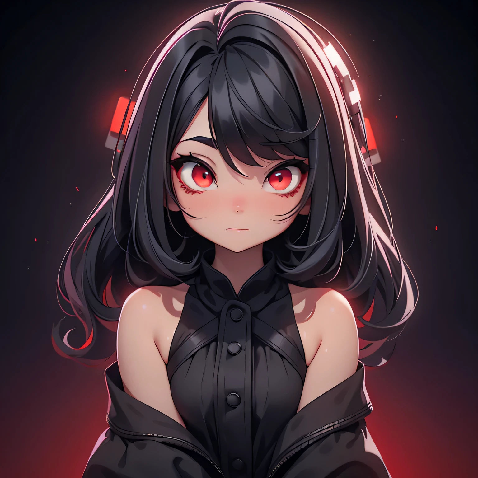 A girl, black hair, black high low dress, glowing red eyes, night city background