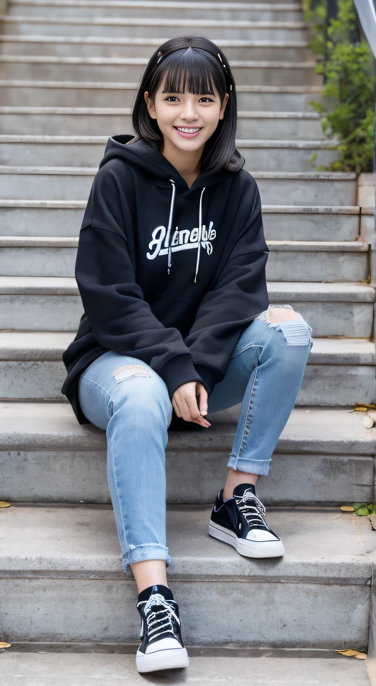highest quality, Realistic, Very detailed, Finer details, High resolution, 8k wallpaper, One beautiful woman,Sit on the stairs、smile、、(Black socks) Oversized hoodie, Skinny jeans,( Black sneakers)、Black Hair、 Beautiful Bangs、ear piercing、Perfect dynamic composition, Beautiful and detailed, Full Body Shot, A big smile waiting to start