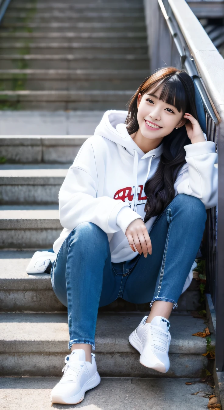 highest quality, Realistic, Very detailed, Finer details, High resolution, 8k wallpaper, One beautiful woman,Sit on the stairs、smile、、(Black socks) Oversized hoodie, Skinny jeans,( Black sneakers)、Black Hair、 Beautiful Bangs、ear piercing、Perfect dynamic composition, Beautiful and detailed, Full Body Shot, A big smile waiting to start