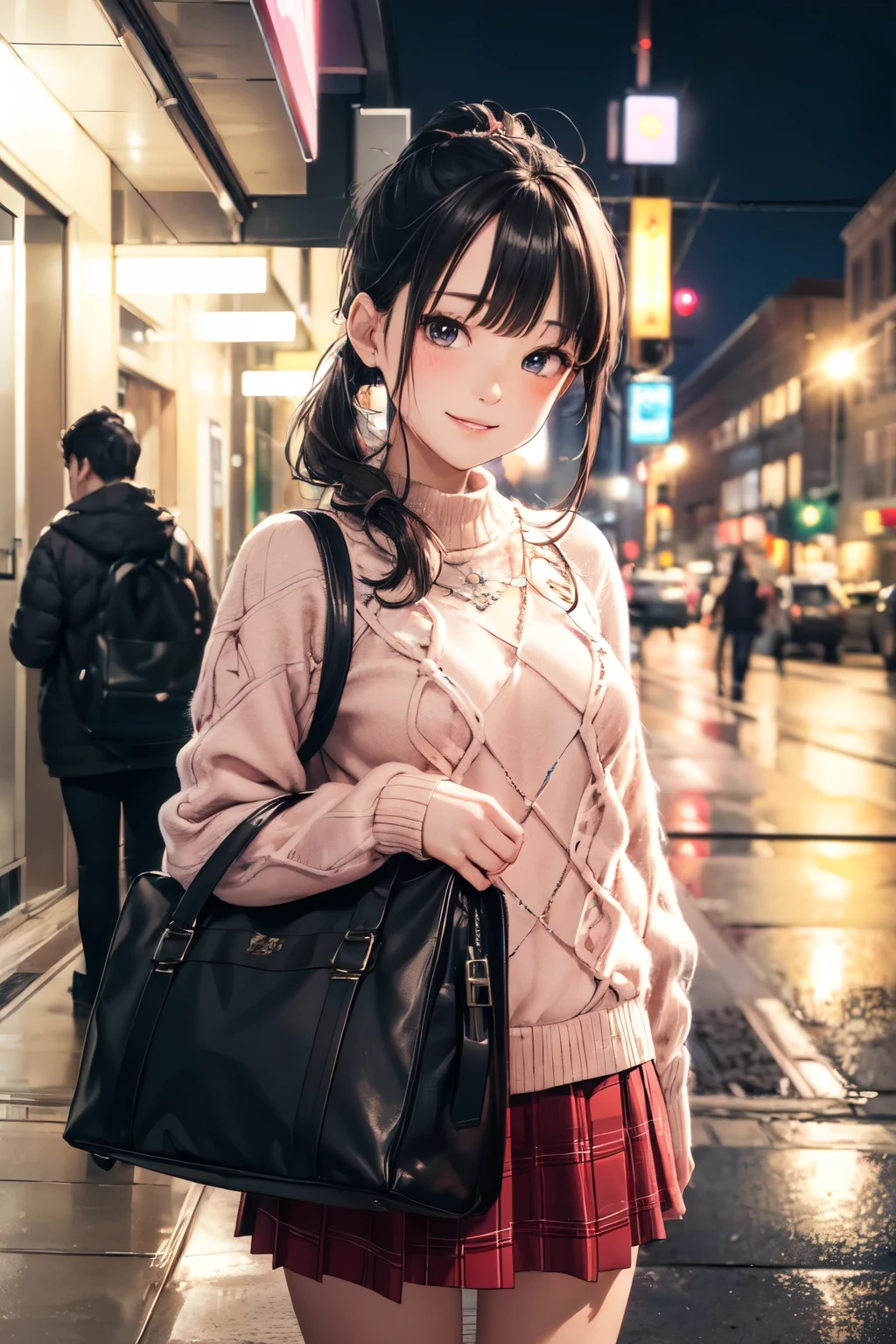 very cute and beautiful girl,(highly detailed beautiful face and eyes),
(smile),blush,looking at viewer,(argyle pattern sweater),cowboy shot,(white and pink plaid skirt),
standing in front of hotel entrance in modern capital city,night,holding tote bag,black hair,low ponytail,
(best quality,masterpiece),absurdres,highres,ultra-detailed,extremely detailed,32k,8k resolution,
intricate details,cinematic scene,detailed background,solo,dynamic angle,