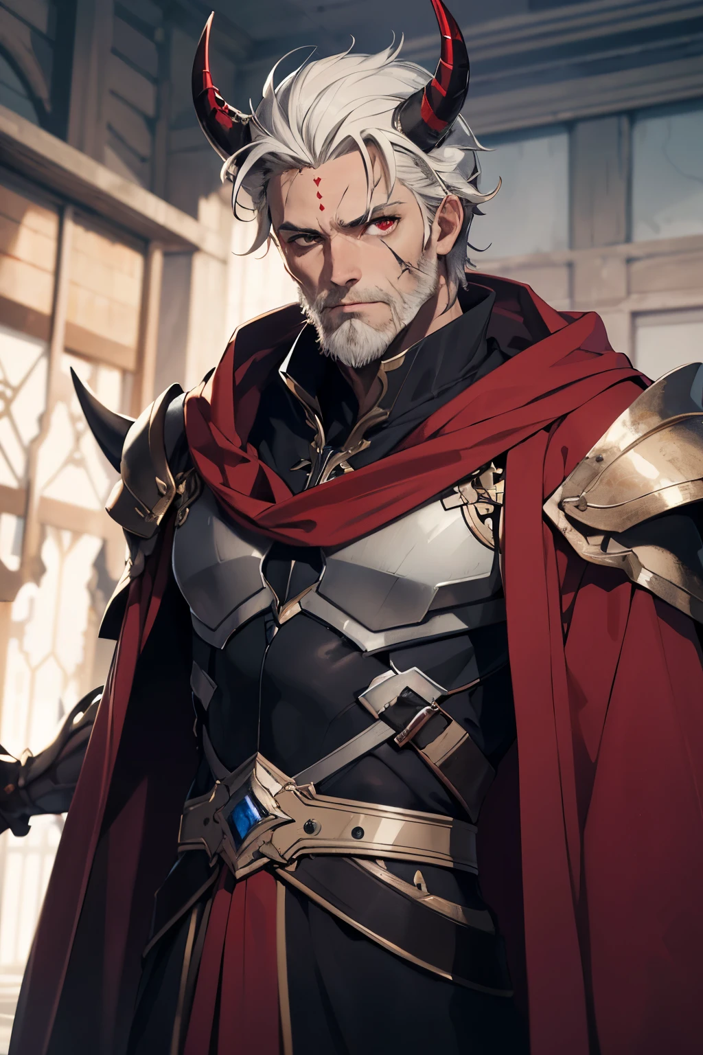 ((Best quality)), ((masterpiece)), (detailed), horns, White skin, ash hair, boy, medium build, Red eyes, black robe, Man, Scars, white beard, Light armor, Closed body