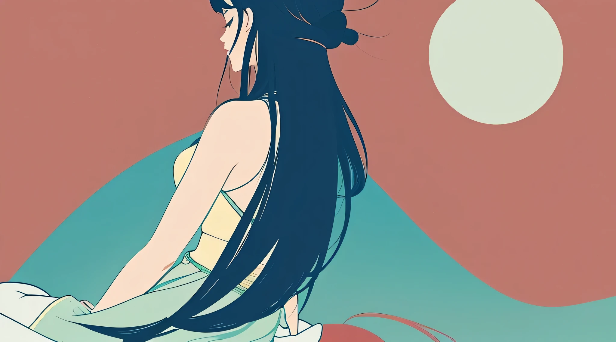 The back view of a beautiful anime-style woman meditating。In the style of illustrations。