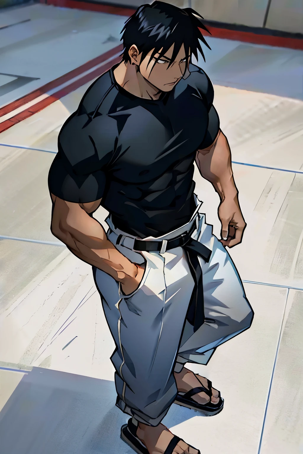 Roy Mustang from Full Metal Alchemist, making a cosplay of Toji Fushiguro, wearing tight-fitting black shirt and sports tan baggy training white pants with a black belt weaved through the waist and black martial arts slippers, bodybuilder, defined body, seem from above