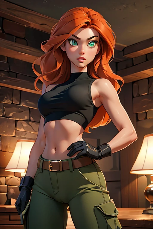 Masterpiece, raw, beautiful art, professional artist, 8k, very detailed face, very detailed hair, 1girl, Kim Possible, wearing (Orange-red hair, green eyes, confident expression, black crop top, black gloves, brown belt, green cargo pants:1.1), cameltoe, posing in her bedroom, perfectly drawn body, beautiful face, long hair, very detailed eyes, rosey cheeks, intricate details in eyes, puckered lips, perfect fit body, beautiful body, extremely detailed, intricate details, highly detailed, sharp focus, detailed skin, realistic skin texture, texture, detailed eyes, high resolution, kodak vision color, foto_\(ultra\), post-processing, maximum detail, roughness, real life, ultra realistic, photorealism, photography, absurdres, RAW photo, highest quality, high detail RAW color photo, professional photo, extremely detailed UHD 8k wallpaper unit, best quality, highres, (masterpiece, top quality, high resolution:1.4), photo, cinematic, film grain, sharp, soft natural light, magic photography, super detailed