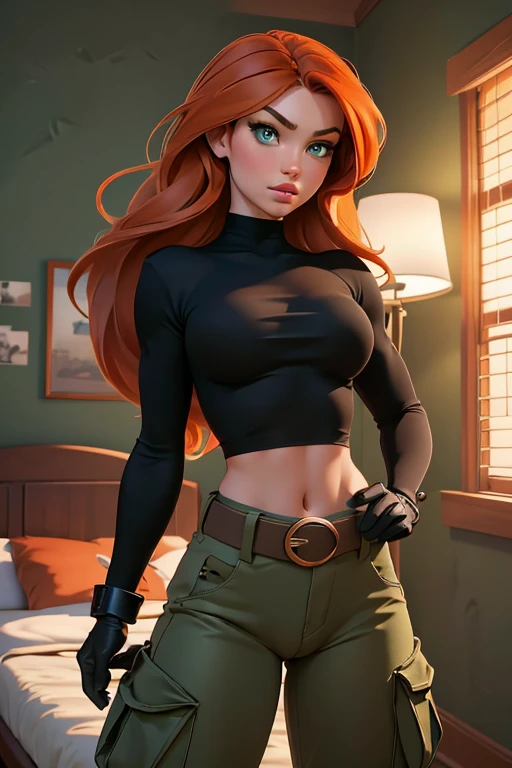 Masterpiece, raw, beautiful art, professional artist, 8k, very detailed face, very detailed hair, 1girl, Kim Possible, wearing (Orange-red hair, green eyes, confident expression, black crop top, black gloves, brown belt, green cargo pants:1.1), cameltoe, posing in her bedroom, perfectly drawn body, beautiful face, long hair, very detailed eyes, rosey cheeks, intricate details in eyes, puckered lips, perfect fit body, beautiful body, extremely detailed, intricate details, highly detailed, sharp focus, detailed skin, realistic skin texture, texture, detailed eyes, high resolution, kodak vision color, foto_\(ultra\), post-processing, maximum detail, roughness, real life, ultra realistic, photorealism, photography, absurdres, RAW photo, highest quality, high detail RAW color photo, professional photo, extremely detailed UHD 8k wallpaper unit, best quality, highres, (masterpiece, top quality, high resolution:1.4), photo, cinematic, film grain, sharp, soft natural light, magic photography, super detailed