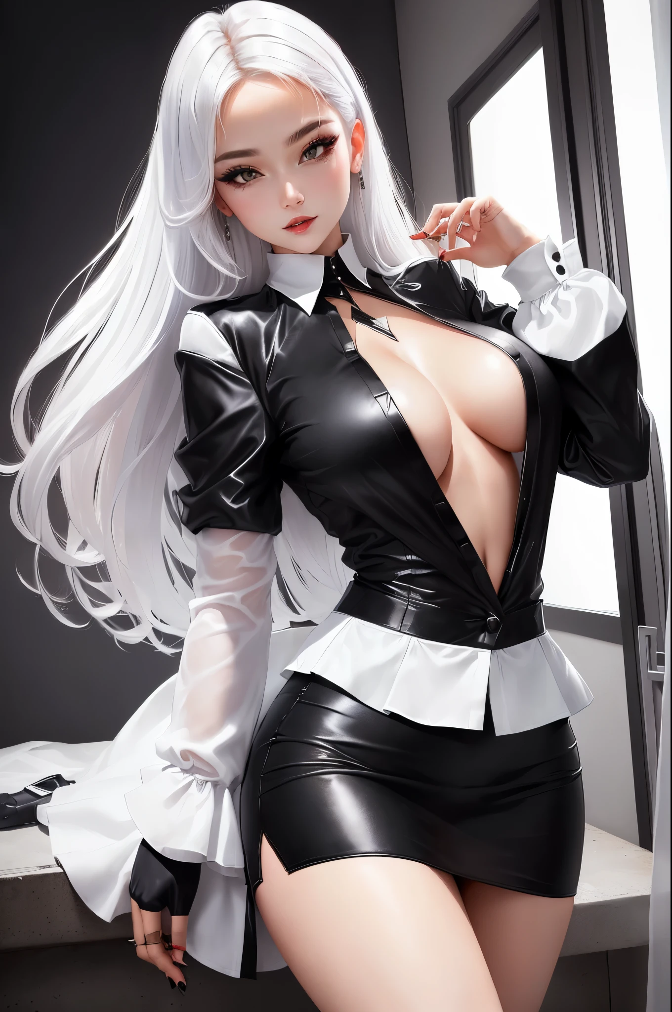a woman in a white shirt and black skirt, intriguing outfit, captivating and enticing, sexy outfit, open shirt, looking hot, sexy look, very sexy outfit, opened dress, white blouse and gothic boots