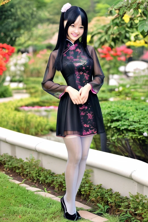 ((16k,super highest quality,Ultra-high resolution,masterpiece,Realistic,Realistic,Very detailed)),Young, adorable, cute and sexy 16 year old〜20 year old girl,((Seamless Ultra-thin All-through Pantyhose,Ultra-thin seamless pantyhose, sexy, all-through, beautiful legs, tights, stockings, sheer, pantyhose, ladies)),Full body photo,Full body angle,Esbian all over,Baby Face,single eyelid,Long legs,Thin legs,Thin thighs,Beautiful hands and feet,chest,Cute smile,Adorable smile,nice smile,Rose garden in the background,Long Straight Hair,Iris,Black Hair,A cute and beautiful Japanese girl who still retains her youthful charm,A body that still retains a youthful look,Slim waist,((Modern Chinese traditional costume for women,Short Chinese dresini Chinese Dress,Sexy Chinese Dress,Chinese Dress Sexy Lolita Dress))