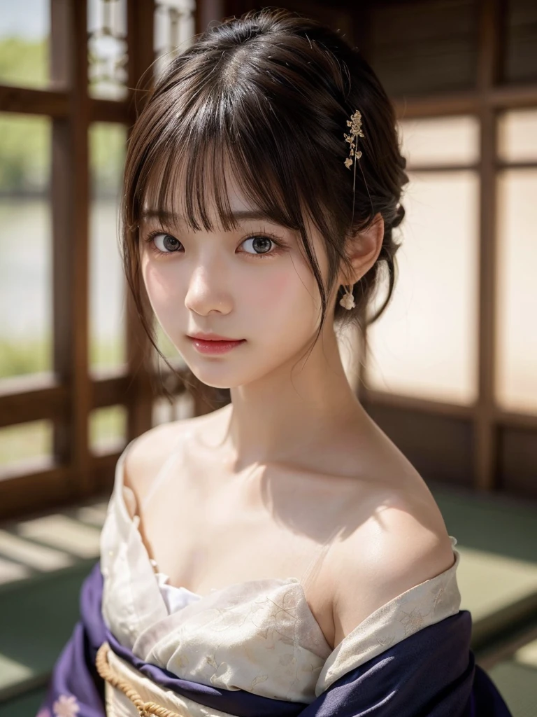 (Realistic:1.3), In detail, quality, Rembrandt Lighting, (masterpiece:1.2), (photoRealistic:1.2), (best quality), (Detailed skin:1.3), (Intricate details), dramatic, Ray Tracing, One Girl, Cute Japanese Girl, 21 years old, Detailed skin texture, (blush:0.5), Scattered under the surface, Short Hair,(blush:0.5), (It was transparent:1.2),(Face Focus:1.1),(Face close-up:1.1), Scattered beneath the surface, front, bangs, Hair between the eyes, One girl, Cute Japanese Girl,Detailed skin texture, Bare skin above the collarbone, Shoulder Bare Skin, masterpiece, 最高quality, High resolution, View your viewers, hair ornaments, _kimono, 
