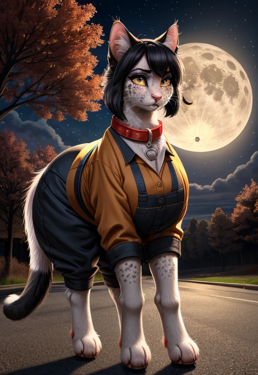 beautiful lights and shadows, ambient light, ultra detailed fur, volumetric light 4K, 8k, uhd, worried expression, tears in eyes, (feral cat:1.4), cute face, heavy makeup, eyeliner, earrings, large breasts, paws, (wearing worker clothes:1.3), (four legged:1.2), (quadrupedal:1.5), thin, black hair with red streaks, freckles, red collar, on tree lined road, full moon