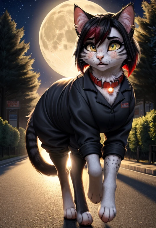 beautiful lights and shadows, ambient light, ultra detailed fur, volumetric light 4K, 8k, uhd, worried expression, tears in eyes, (feral cat:1.4), cute face, heavy makeup, eyeliner, earrings, large breasts, paws, (wearing worker clothes:1.3), (four legged:1.2), (quadrupedal:1.5), thin, black hair with red streaks, freckles, red collar, on tree lined road, full moon