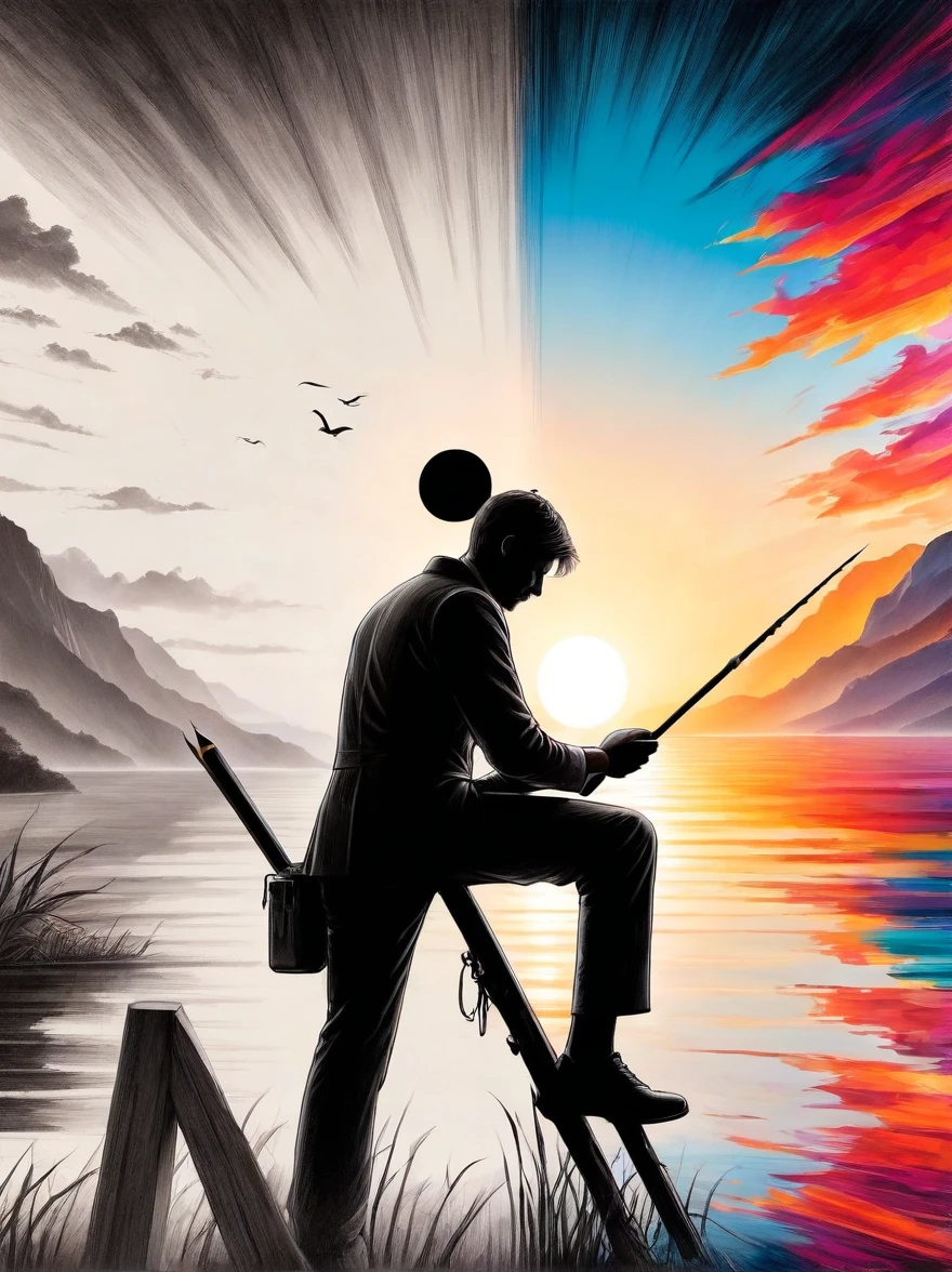 Against the backdrop of sunrise or sunset,(Silhouette of a man concentrating on work:1.5),Symbolizes dedication and pursuit of excellence without being obsessed with results,((The artwork should transition from a black and white pencil sketch style on the left half to bright colors on the right half, Ensure seamless integration of the two halves,No dividing line, Detailed black and white pencil strokes on the left,The right side is filled with color, Create a fusion)), Excellent quality, Detailed background, The Art of Mathematics