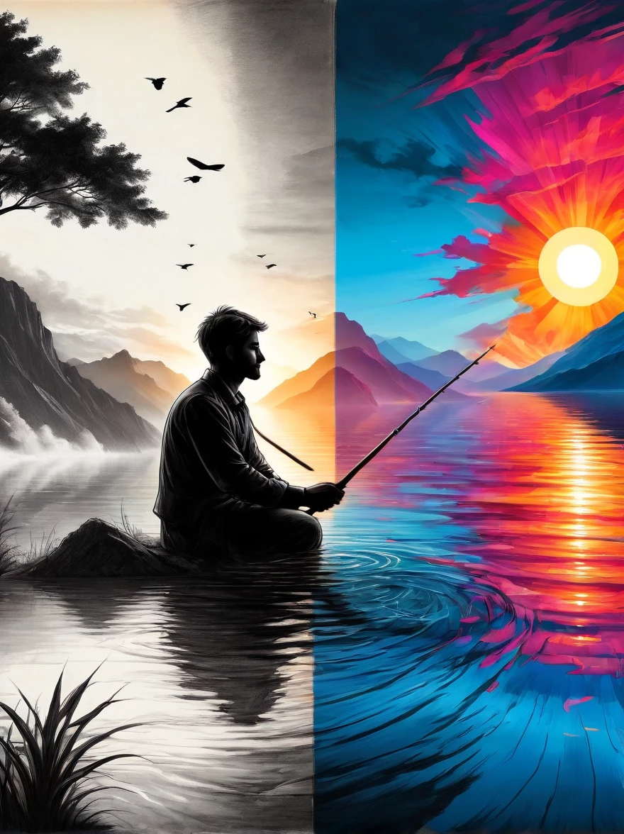 Against the backdrop of sunrise or sunset,(Silhouette of a man concentrating on work:1.5),Symbolizes dedication and pursuit of excellence without being obsessed with results,((The artwork should transition from a black and white pencil sketch style on the left half to bright colors on the right half, Ensure seamless integration of the two halves,No dividing line, Detailed black and white pencil strokes on the left,The right side is filled with color, Create a fusion)), Excellent quality, Detailed background, The Art of Mathematics