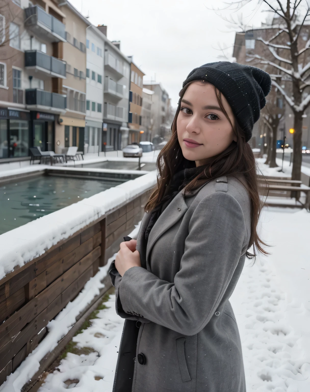 Jolie belle brune européenne sexy aux yeux vert clair, 22 ans, girl is wearing warm hiver coat, foulard, bonnet, il neige dehors, hiver, frozen lake, Full body view, il fait très froid dehors, visage innocent, longueur du visage 1.3 fois la largeur du visage, yeux en amande, square face shape, pommettes saillantes, naturally wavy hair, yeux vert clair, High resolution, chef-d&#39;artwork, best quality, intricate details, Very detailed, sharpness, detailed skin, Realistic skin texture, texture, Detailed eyes, professionnel, 4k, sourire charmant, shot with Canon, profondeur de champ, Couleur de vision Kodak, corps parfaitement ajusté, extremely detailed, Photo_\( ultra\), PhotoRealistic, Realistic, Post-traitement, maximum details, roughness, vrai vie, ultraRealistic, Photorealism, Photography, 8k euh, Photography, coquine, sous vetement 