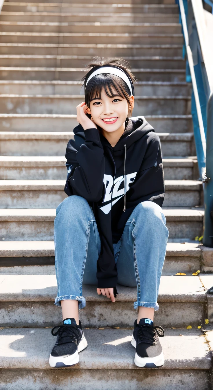 highest quality, Realistic, Very detailed, Finer details, High resolution, 8k wallpaper, One beautiful woman,Sit on the stairs、smile、、(Black socks)、hair band、 Oversized hoodie, Skinny jeans,( Black sneakers)、Black Hair、 Beautiful Bangs、ear piercing、Perfect dynamic composition, Beautiful and detailed, Full Body Shot, A big smile waiting to start