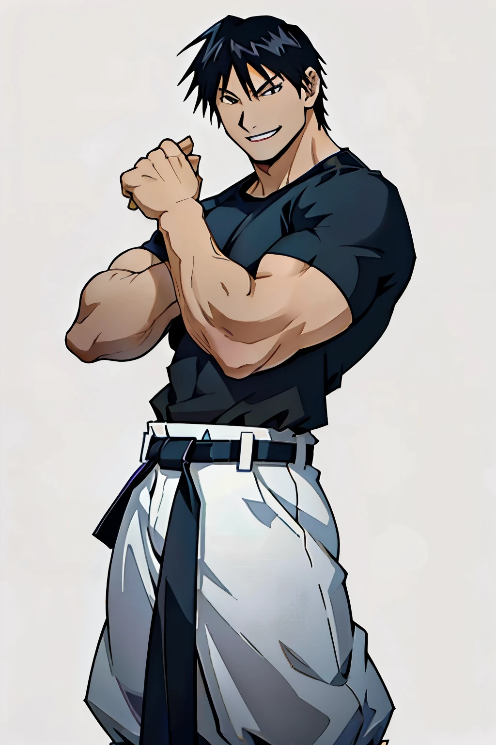 Roy Mustang from Full Metal Alchemist, making a cosplay of Toji Fushiguro, wearing tight-fitting black shirt and sports tan baggy training white pants with a black belt weaved through the waist and black martial arts slippers, smug smile, bodybuilder, defined body