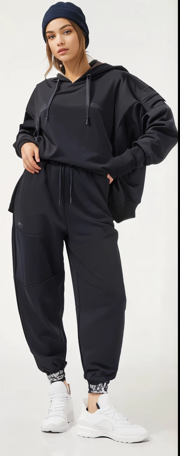 a woman in a black jacket and pants posing for a picture, high waist sweatpants, large pants, black sweatpants, baggy pants, pantss pretas, black pants, baggy black pants, wearing a hoodie and sweatpants, fotografia de uma mulher techwear, pants, vestindo um agasalho, sport pants, com dois bolsos frontais, vestindo um agasalho