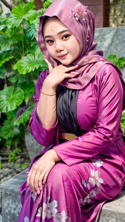 an Indonesian goddess in a fuchsia colour hijab and a black gamis with abstract printed of pink and purple flowers, chubby, cherry blossom, pay attention for the detail of face finger and hijab, bokeh background : misty mountain and crystal sparkling water, detailed detail, ultra sharp image,