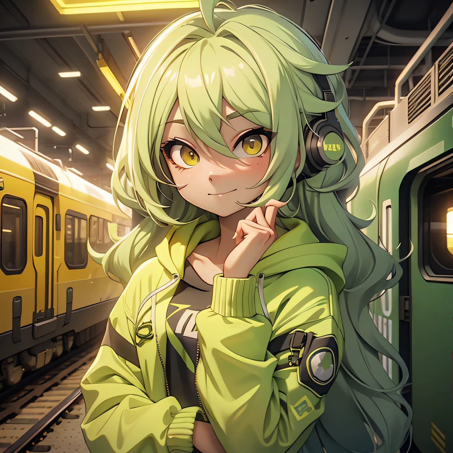 A girl, lime hair, long hair, feminime, soft smile, lime hoodie jacket, glowingyellow eyes, train background, wearing headphone,