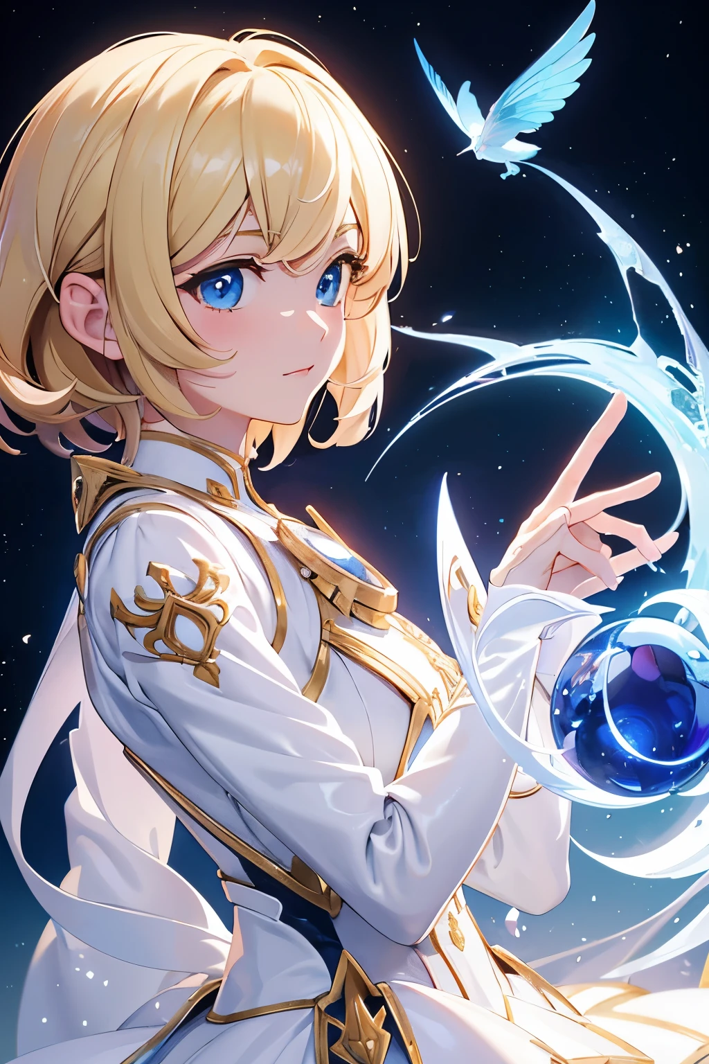 Anime girl with short blond hair and blue eyes in a white suit, concept art, inspired by Lee Chevalier, ArtStation, fantasy art, portrait girl knights of the zodiac, girl knights of the zodiac, very detailed exquisite fanart, Extremely detailed Artgerm, portrait anime space cadet girl, гладкое аниме cg art, anime goddess, ! dream art embryo, Short stature, small