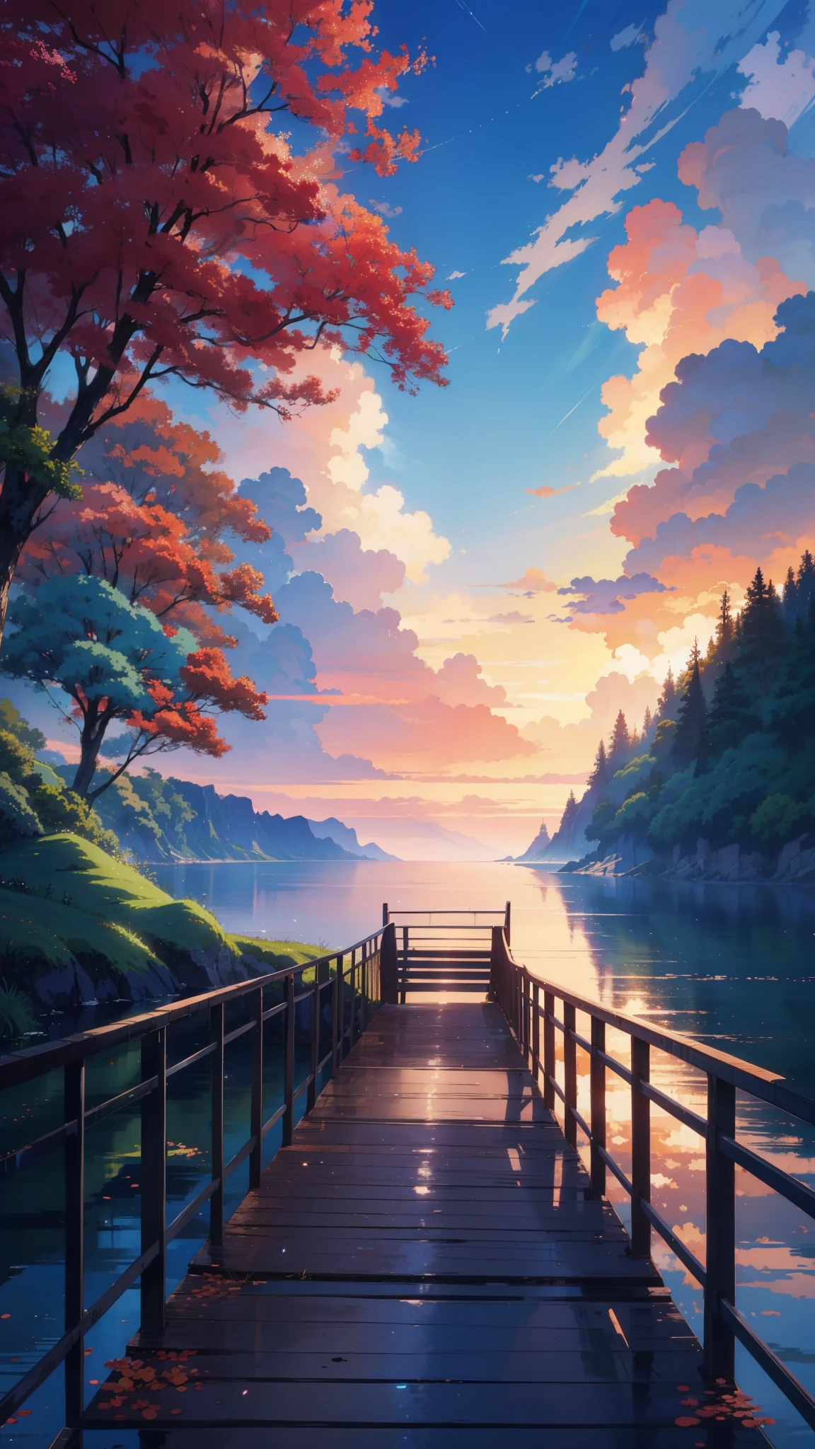 a painting of a bridge over a body of water, extraordinary sky, ross tran. scenic background, by sylvain sarrailh, anime nature wallpap, anime scenery, anime landscape, anime landscape wallpaper, anime beautiful peace scene, anime nature, scenery art detailed, anime scenery concept art, scenery artwork, dream scenery art, beautiful anime scenery, ross tran and makoto shinkai
