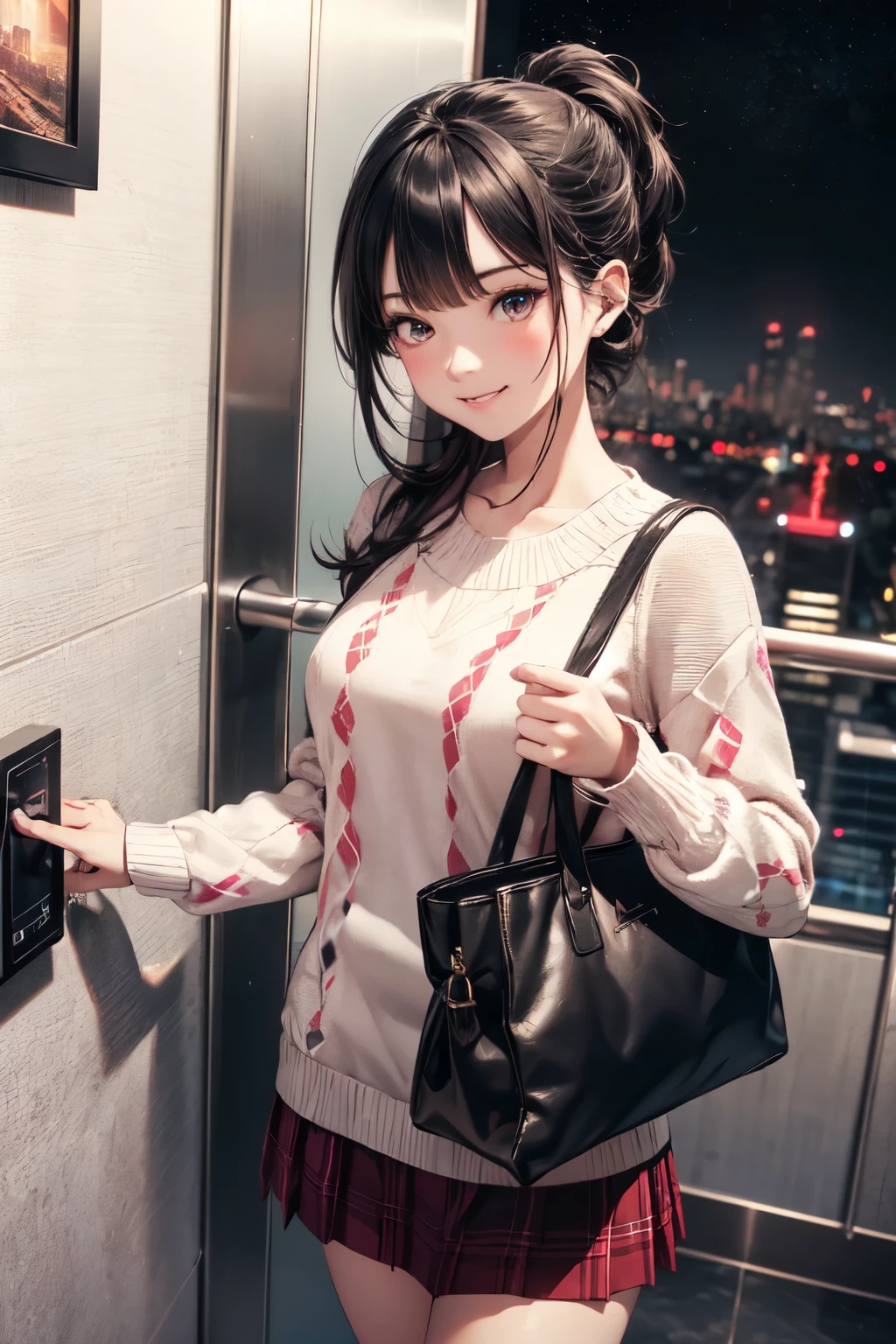 very cute and beautiful girl,(highly detailed beautiful face and eyes),
(smile),blush,looking up,looking at viewer,(argyle pattern sweater),cowboy shot,(white and pink plaid skirt),
standing in luxury elevator in hotel,night city view,holding tote bag,black hair,low ponytail,
(best quality,masterpiece),absurdres,highres,ultra-detailed,extremely detailed,32k,8k resolution,
intricate details,cinematic scene,detailed background,solo,dynamic angle,