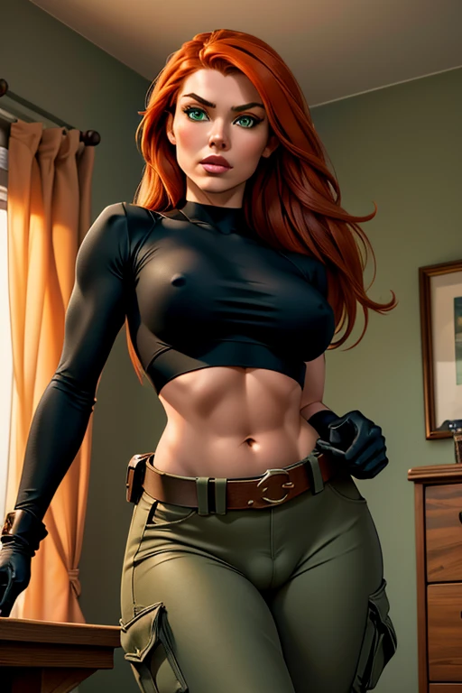 Masterpiece, raw, beautiful art, professional artist, 8k, very detailed face, very detailed hair, 1girl, Kim Possible, wearing (Orange-red hair, green eyes, confident expression, black crop top, black gloves, brown belt, green cargo pants:1.1), cameltoe, standing, leg up, posing in her bedroom, perfectly drawn body, beautiful face, long hair, very detailed eyes, rosey cheeks, intricate details in eyes, puckered lips, perfect fit body, beautiful body, extremely detailed, intricate details, highly detailed, sharp focus, detailed skin, realistic skin texture, texture, detailed eyes, high resolution, kodak vision color, foto_\(ultra\), post-processing, maximum detail, roughness, real life, ultra realistic, photorealism, photography, absurdres, RAW photo, highest quality, high detail RAW color photo, professional photo, extremely detailed UHD 8k wallpaper unit, best quality, highres, (masterpiece, top quality, high resolution:1.4), photo, cinematic, film grain, sharp, soft natural light, magic photography, super detailed