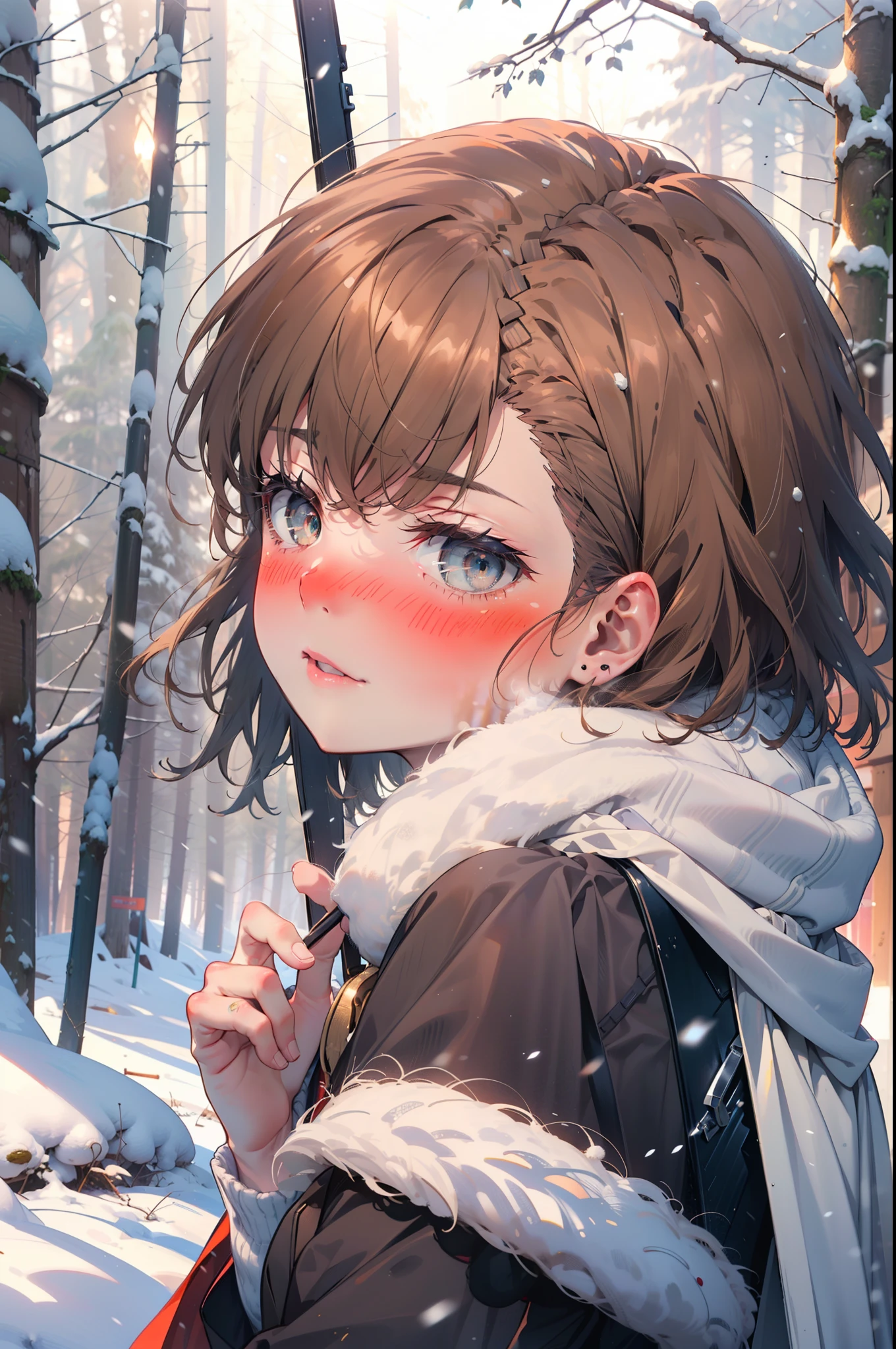 Mycotrose, Brown eyes,Brown Hair,short hair,smile,blush,White Breath,
Open your mouth,snow,Ground bonfire, Outdoor, boots, snowing, From the side, wood, suitcase, Cape, Blurred, Increase your meals, forest, White handbag, nature, Squat, Mouth closed, フードed Cape, winter, Written boundary depth, Black shoes, red Cape break looking at viewer, Upper Body, whole body, break Outdoor, forest, nature, break (masterpiece:1.2), highest quality, High resolution, unity 8k wallpaper, (shape:0.8), (Beautiful and beautiful eyes:1.6), Highly detailed face, Perfect lighting, Highly detailed CG, (Perfect hands, Perfect Anatomy),
