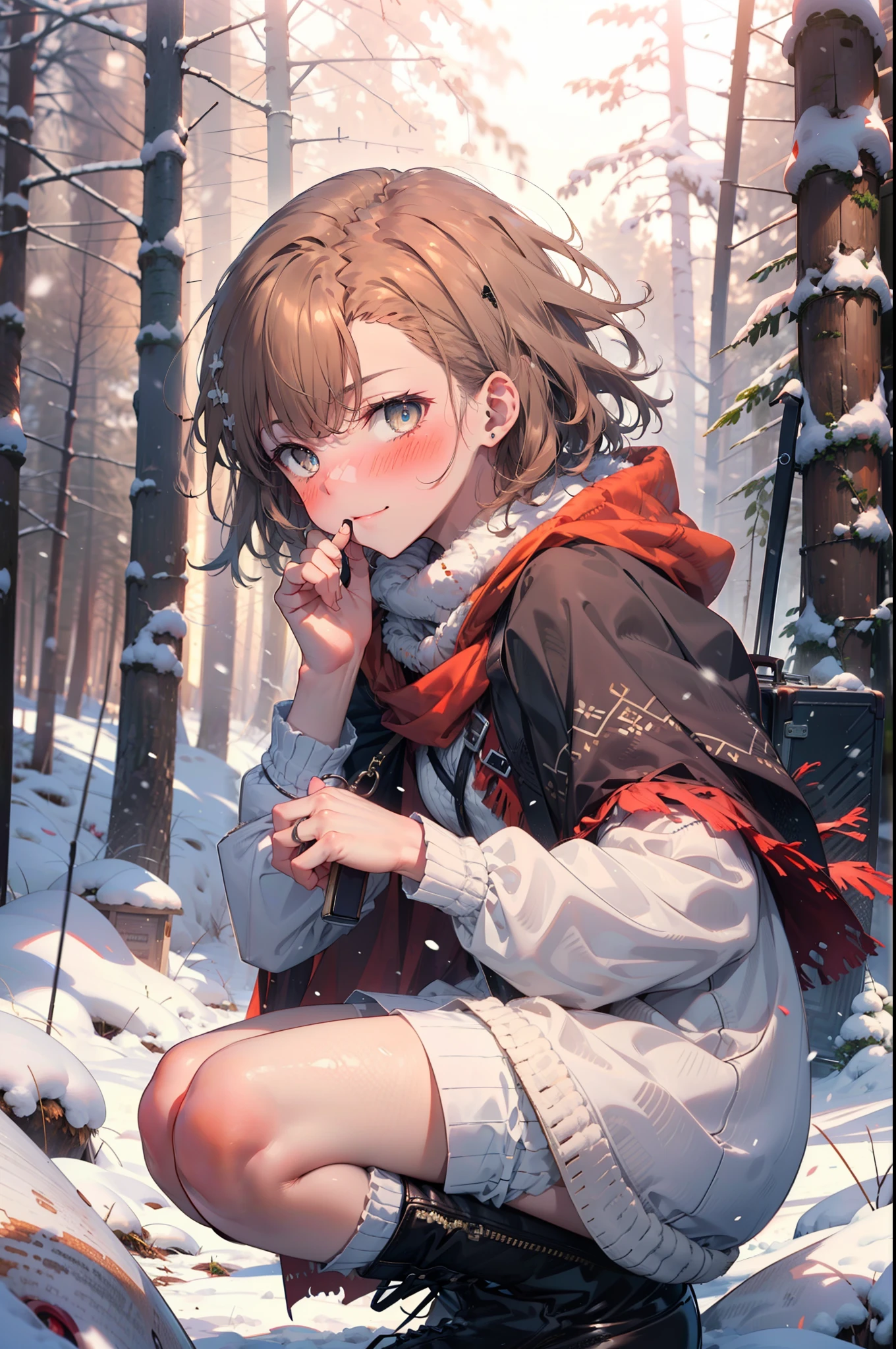 Mycotrose, Brown eyes,Brown Hair,short hair,smile,blush,White Breath,
Open your mouth,snow,Ground bonfire, Outdoor, boots, snowing, From the side, wood, suitcase, Cape, Blurred, Increase your meals, forest, White handbag, nature,  Squat, Mouth closed, フードed Cape, winter, Written boundary depth, Black shoes, red Cape break looking at viewer, Upper Body, whole body, break Outdoor, forest, nature, break (masterpiece:1.2), highest quality, High resolution, unity 8k wallpaper, (shape:0.8), (Beautiful and beautiful eyes:1.6), Highly detailed face, Perfect lighting, Highly detailed CG, (Perfect hands, Perfect Anatomy),