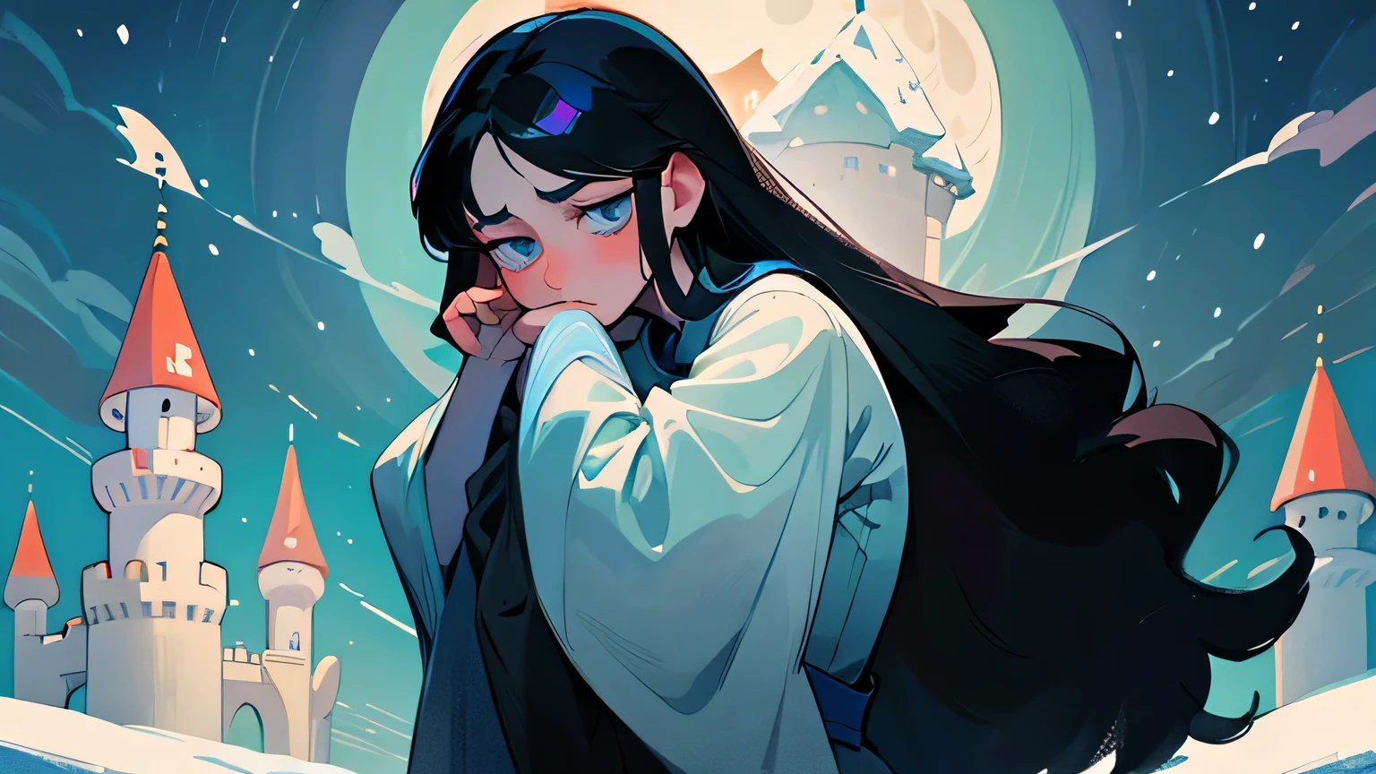 a tall  moon princess with long black hair, sea blue eyes and snow white skin in castle, worry expression, sad, hands on cheek