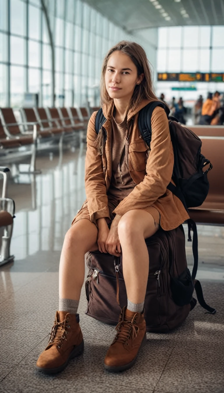 at airport. the adventurer is sitting at the waiting area.
She is wearing brown clothes and carrying a black backpack.
many details, extreme detailed, full of details,
Wide range of colors.
Many details everywhere. soft shadows. Low saturation colors. Insane quality. Insane resolution. Insane details. Masterpiece. 32k resolution.
Dramatic,Dynamic,Cinematic,Sharp details