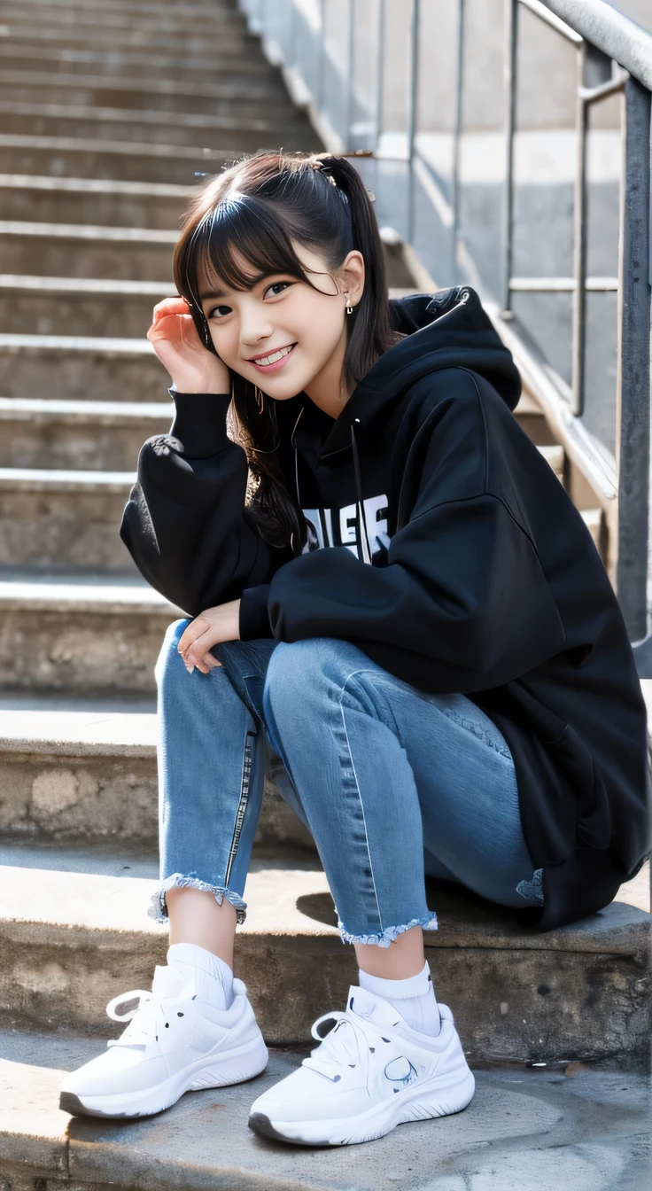 highest quality, Realistic, Very detailed, Finer details, High resolution, 8k wallpaper, One beautiful woman,Sit on the stairs、smile、、(Black socks) Oversized hoodie, Skinny jeans,( Black sneakers)、Black Hair、 Beautiful Bangs、ear piercing、Perfect dynamic composition, Beautiful and detailed, Full Body Shot, A big smile waiting to start