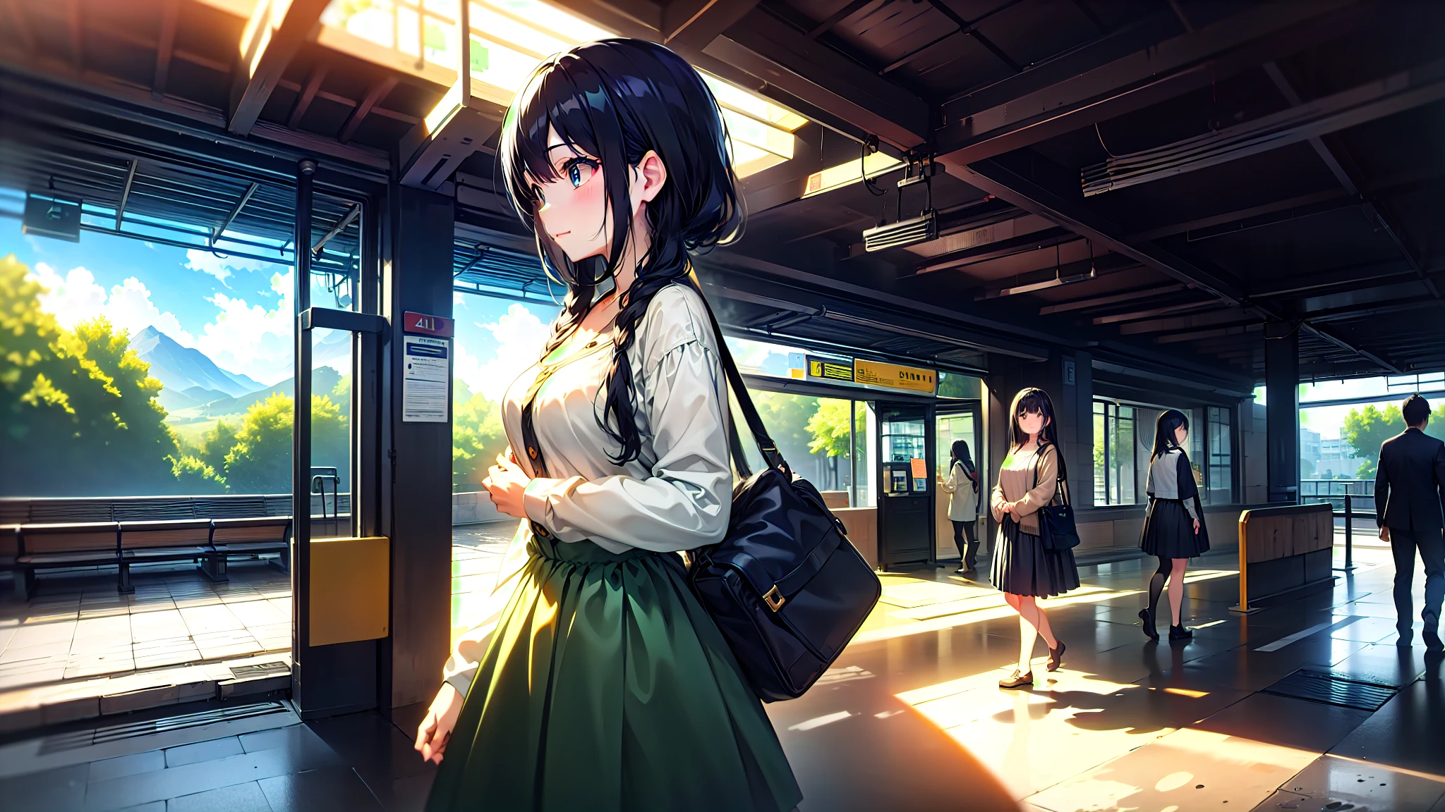 One woman、super quality、Station ticket gates、train、Woman with long black hair、profile、passing、Bright clothing、Straight Hair、Nice body、Short skirt、Ultra HD、amazing