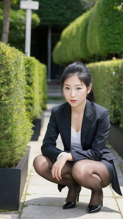 Japanese,young, (alone), 19 years old, (double),whole body,ponytail, Glamour, Pure white skin, Photographed from the front,Observe the audience、(Office Lady)、(Black suit)、(Black Pantyhose),Black high heels、garden、Squat,