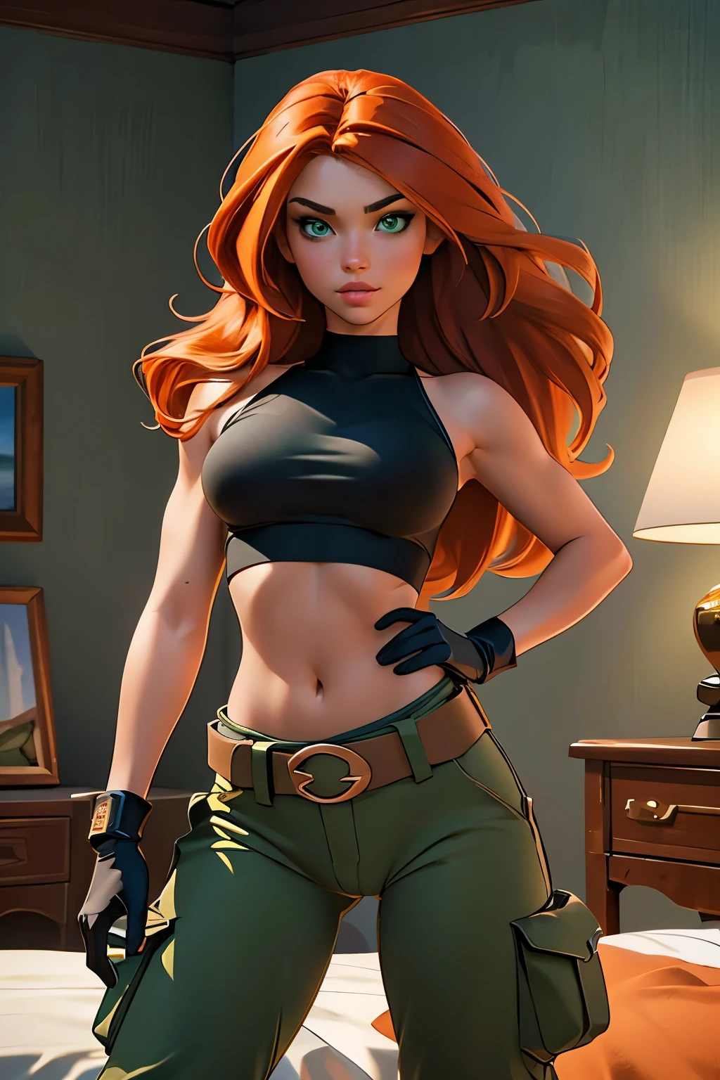 Masterpiece, raw, beautiful art, professional artist, 8k, very detailed face, very detailed hair, 1girl, Kim Possible, wearing (Orange-red hair, green eyes, confident expression, black crop top, black gloves, brown belt, green cargo pants:1.1), cameltoe, standing, leg up, posing in her bedroom, perfectly drawn body, beautiful face, long hair, very detailed eyes, rosey cheeks, intricate details in eyes, puckered lips, perfect fit body, beautiful body, extremely detailed, intricate details, highly detailed, sharp focus, detailed skin, realistic skin texture, texture, detailed eyes, high resolution, kodak vision color, foto_\(ultra\), post-processing, maximum detail, roughness, real life, ultra realistic, photorealism, photography, absurdres, RAW photo, highest quality, high detail RAW color photo, professional photo, extremely detailed UHD 8k wallpaper unit, best quality, highres, (masterpiece, top quality, high resolution:1.4), photo, cinematic, film grain, sharp, soft natural light, magic photography, super detailed